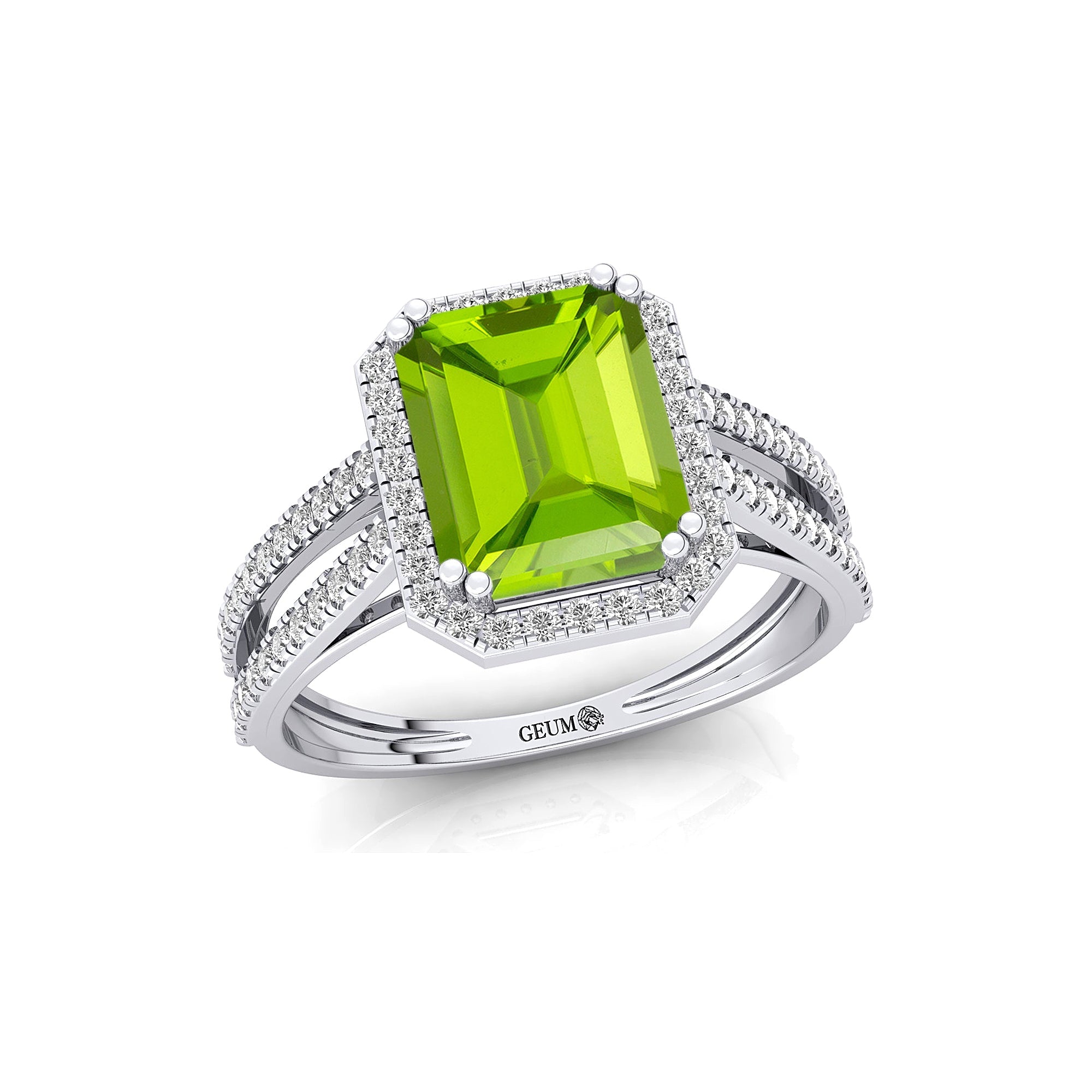 Halo Set Emerald Shaped Peridot Split Shank Ring with Accent Diamonds - GeumJewels