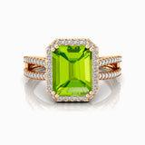 Halo Set Emerald Shaped Peridot Split Shank Ring with Accent Diamonds - GeumJewels