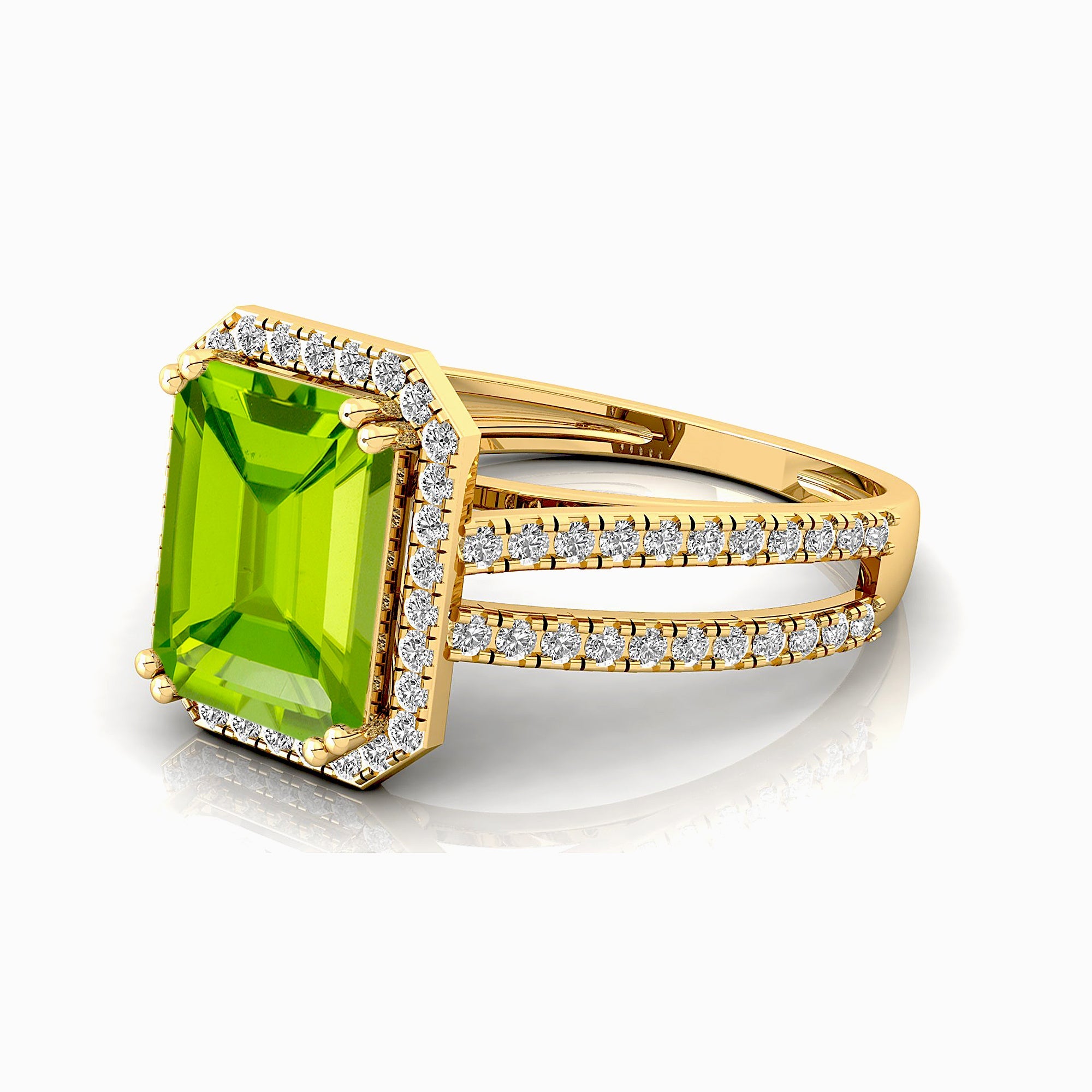Halo Set Emerald Shaped Peridot Split Shank Ring with Accent Diamonds - GeumJewels