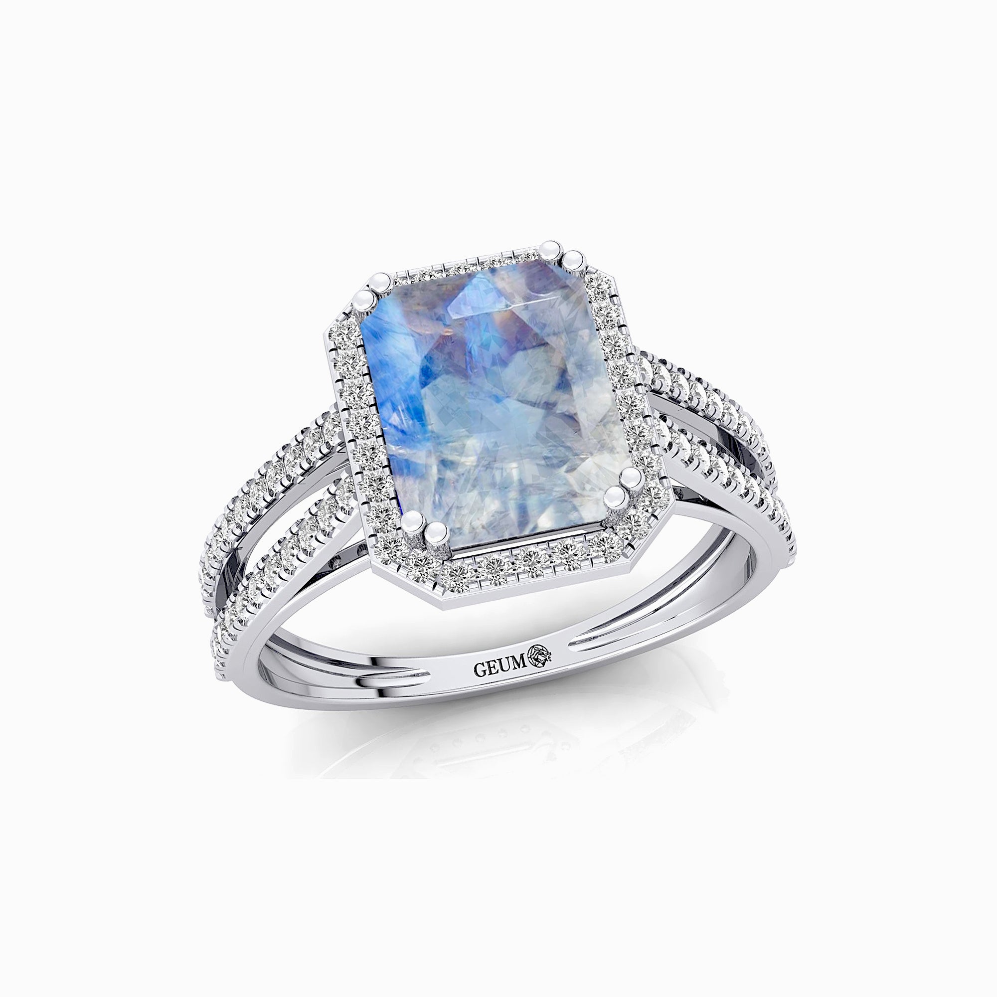 Halo Set Emerald Shaped Moonstone Split Shank Ring with Accent Diamonds - GeumJewels