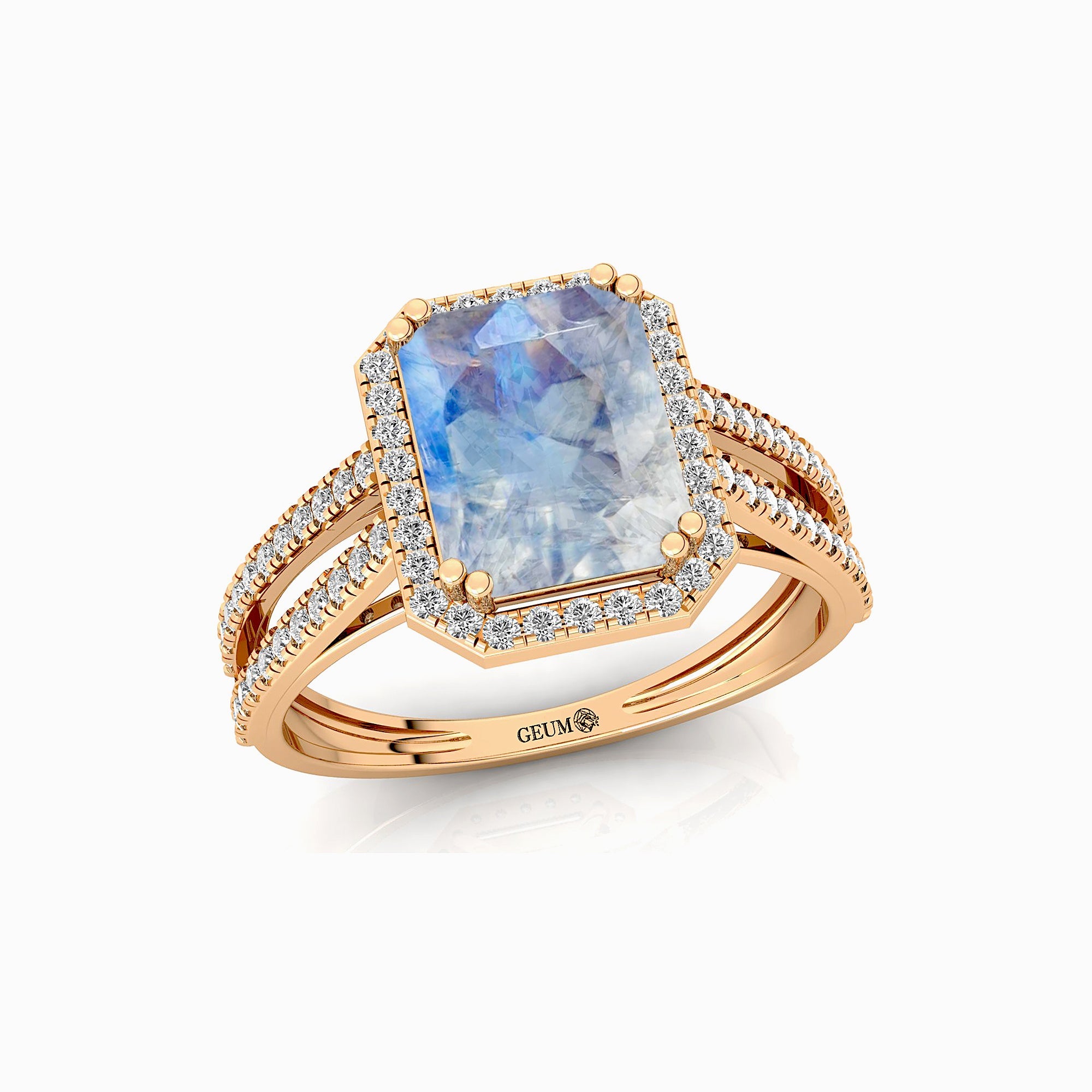 Halo Set Emerald Shaped Moonstone Split Shank Ring with Accent Diamonds - GeumJewels