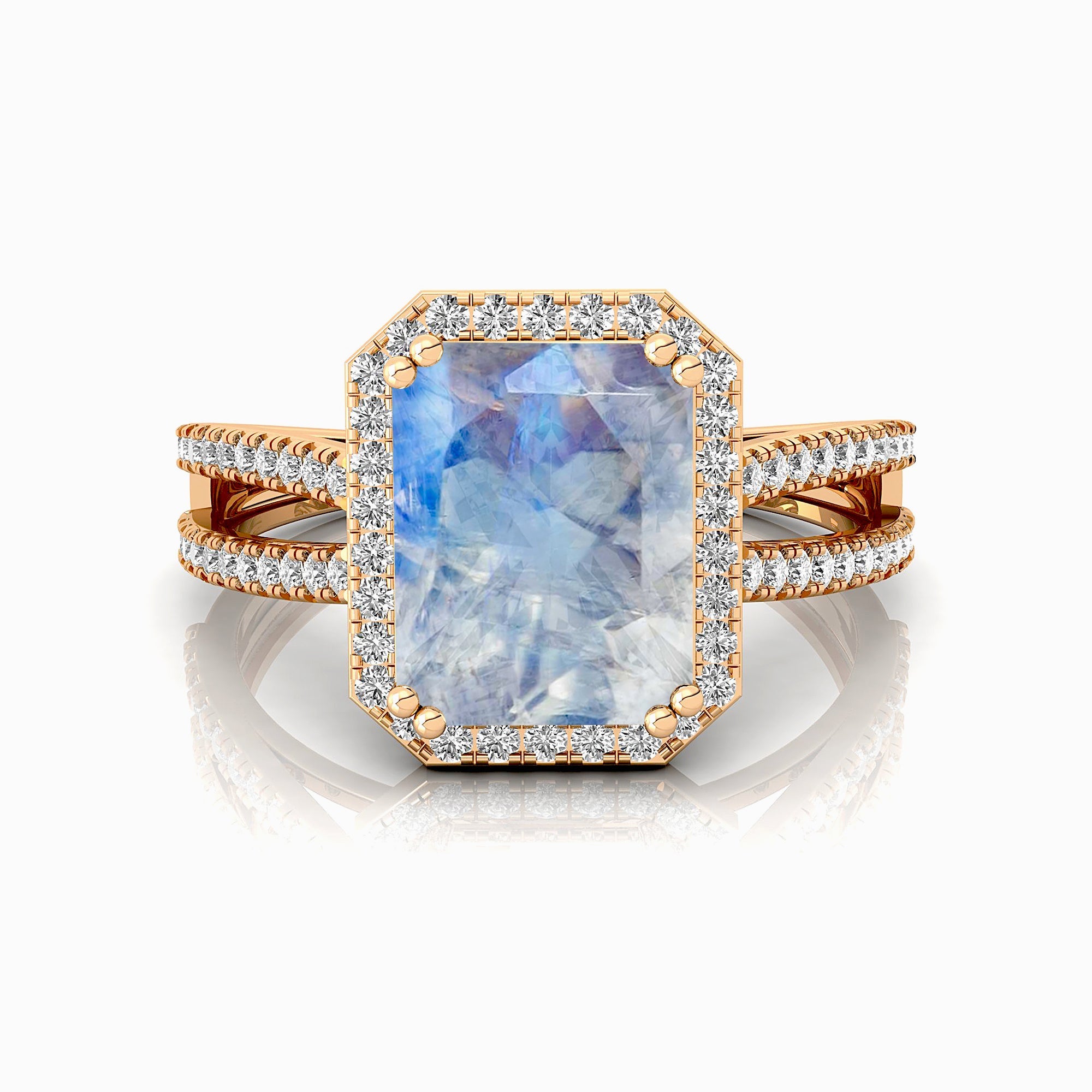 Halo Set Emerald Shaped Moonstone Split Shank Ring with Accent Diamonds - GeumJewels