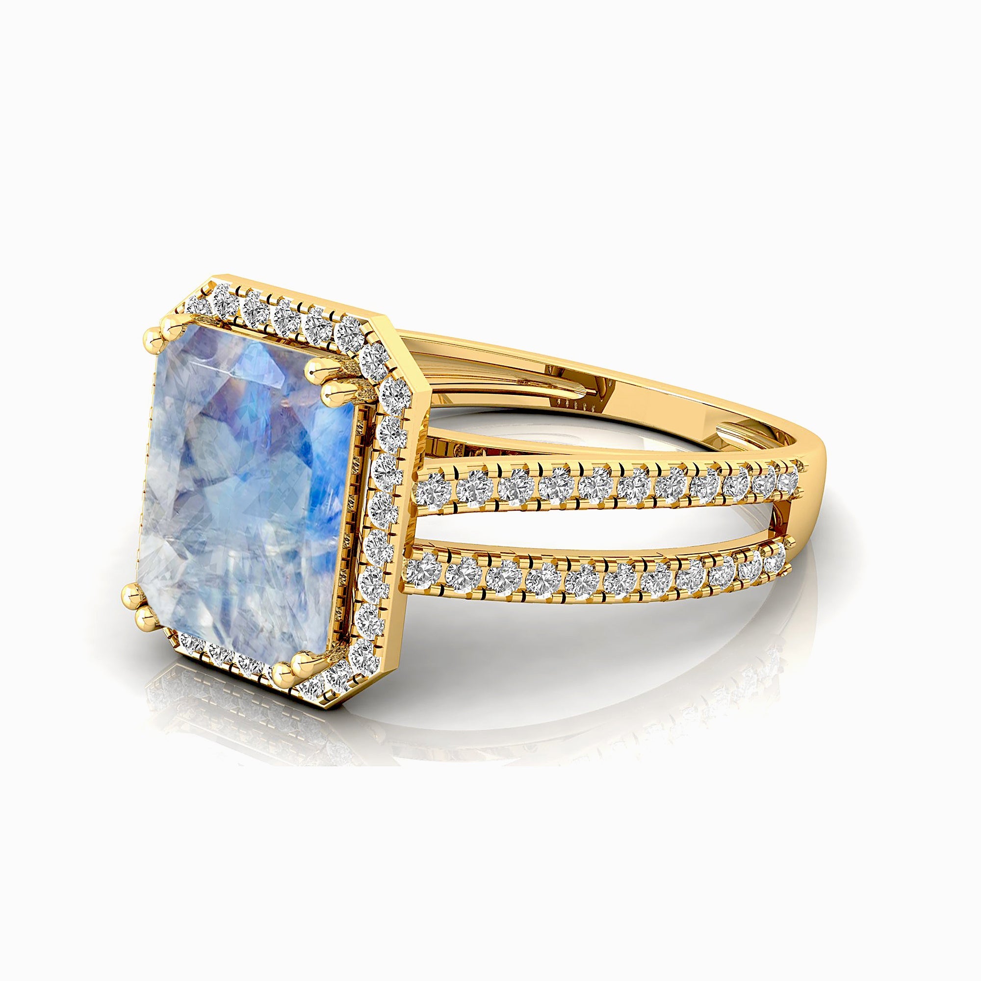 Halo Set Emerald Shaped Moonstone Split Shank Ring with Accent Diamonds - GeumJewels