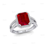 Halo Set Emerald Shaped Ruby Split Shank Ring with Accent Diamonds - GeumJewels