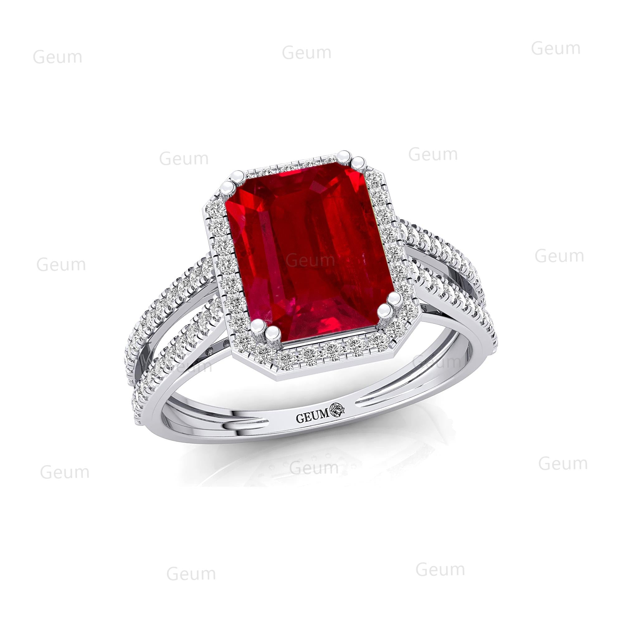 Halo Set Emerald Shaped Ruby Split Shank Ring with Accent Diamonds - GeumJewels