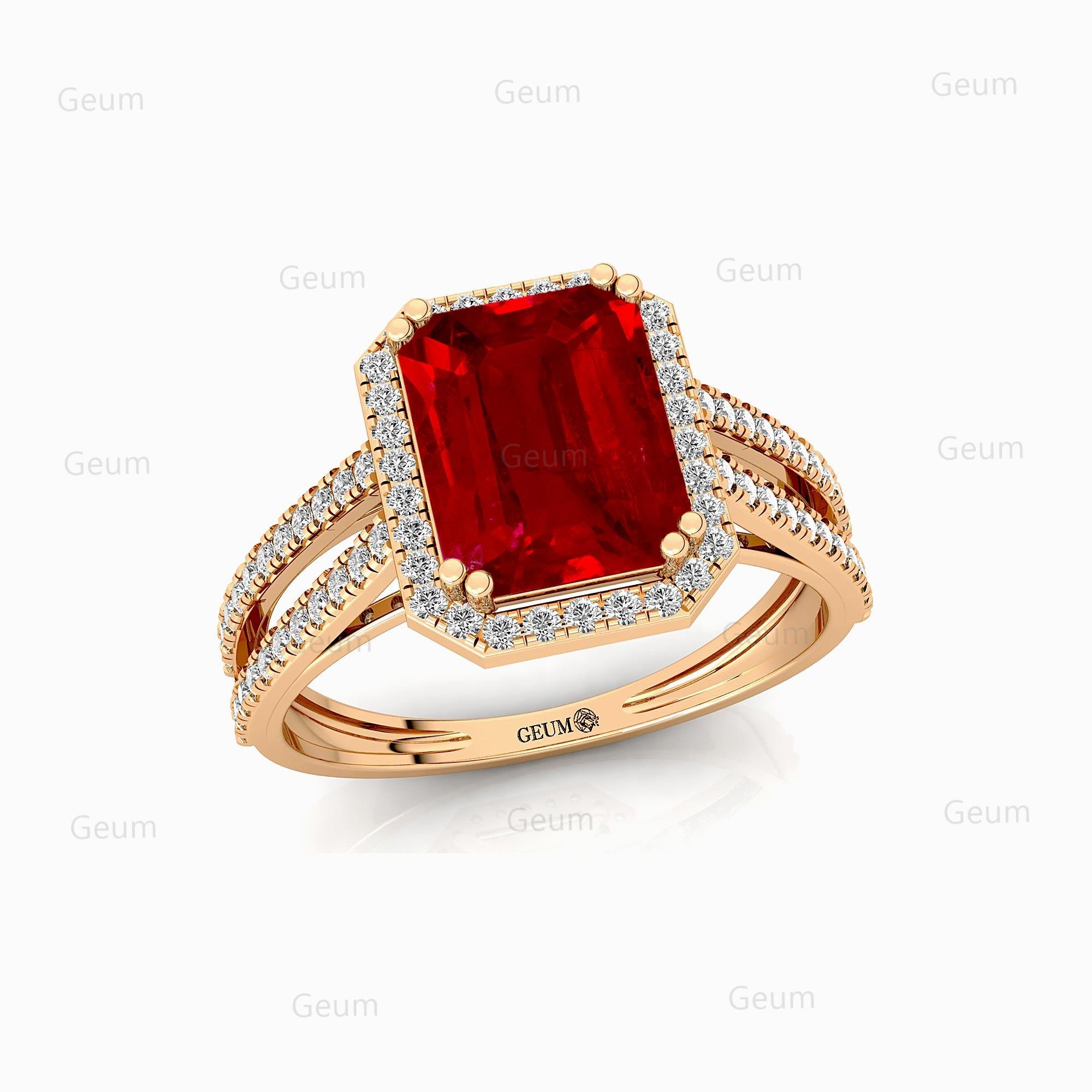 Halo Set Emerald Shaped Ruby Split Shank Ring with Accent Diamonds - GeumJewels