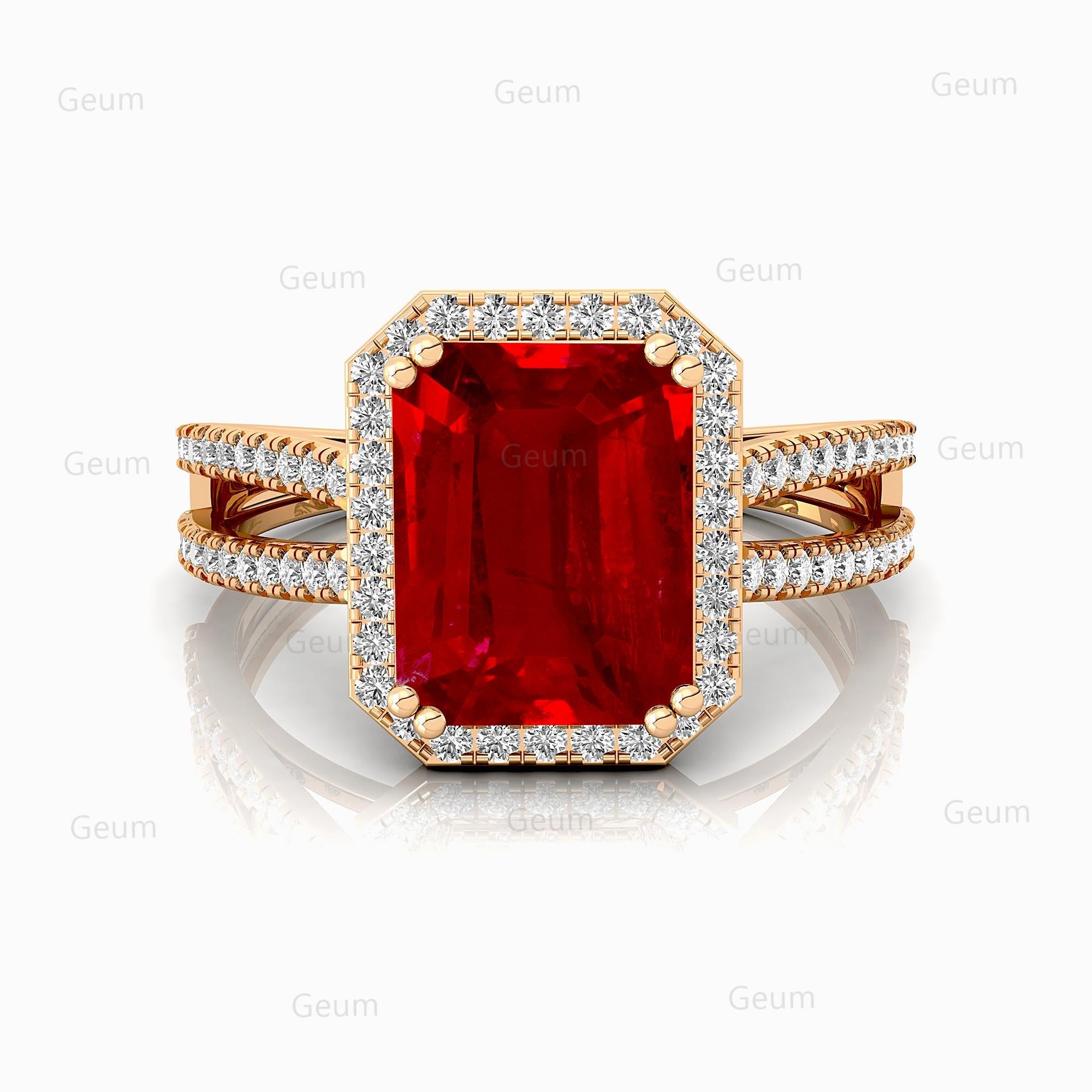 Halo Set Emerald Shaped Ruby Split Shank Ring with Accent Diamonds - GeumJewels
