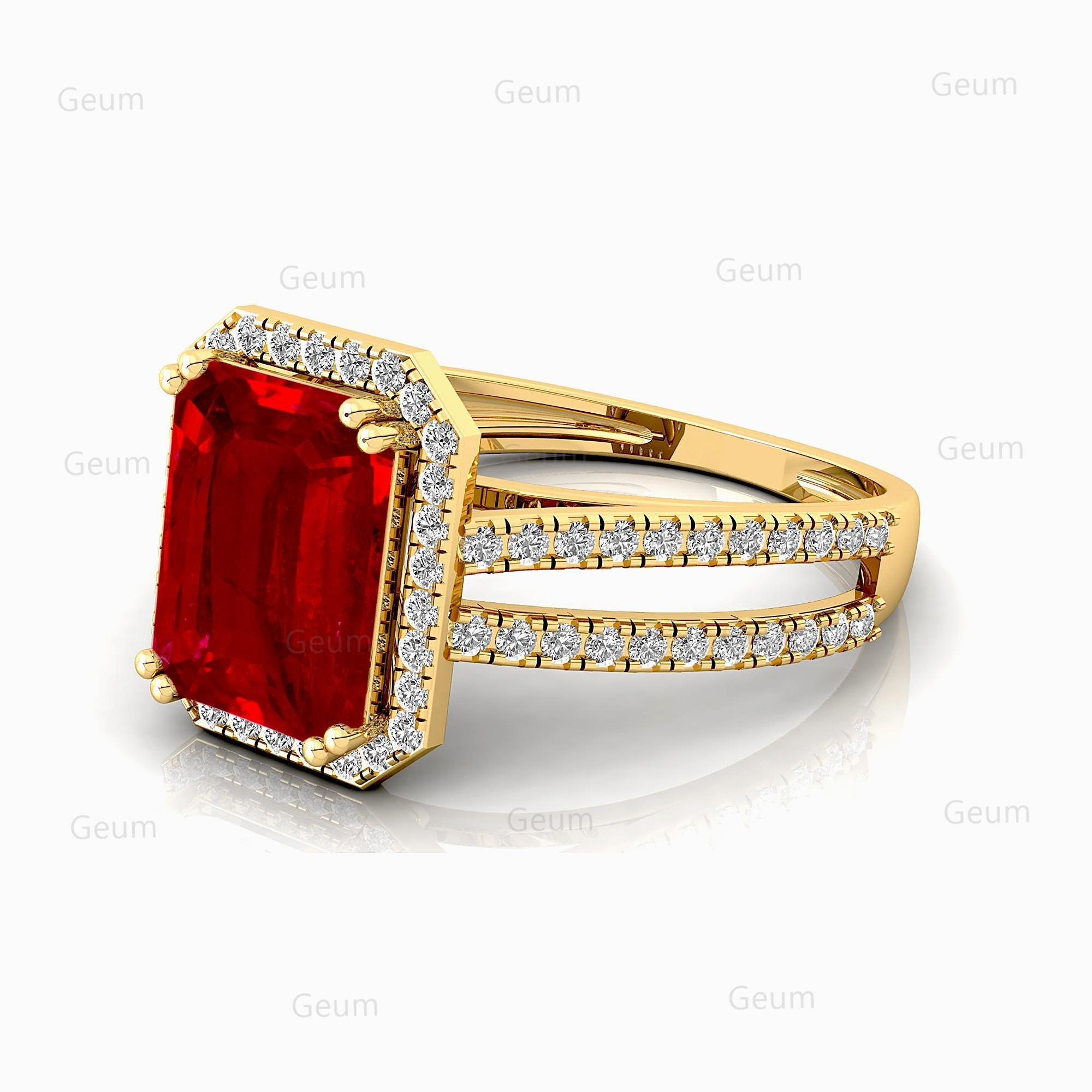 Halo Set Emerald Shaped Ruby Split Shank Ring with Accent Diamonds - GeumJewels