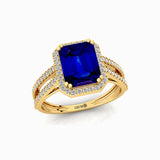 Halo Set Emerald Shaped Blue Sapphire Split Shank Ring with Accent Diamonds - GeumJewels