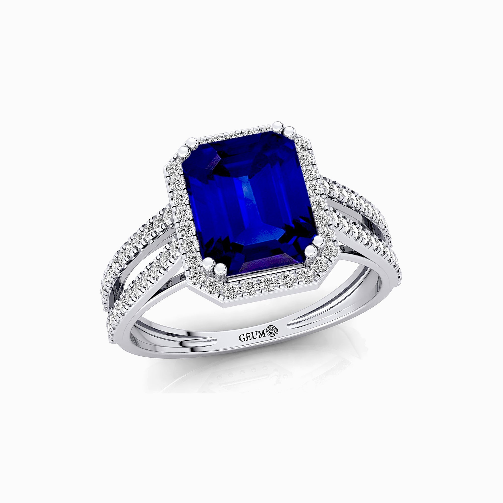 Halo Set Emerald Shaped Blue Sapphire Split Shank Ring with Accent Diamonds - GeumJewels