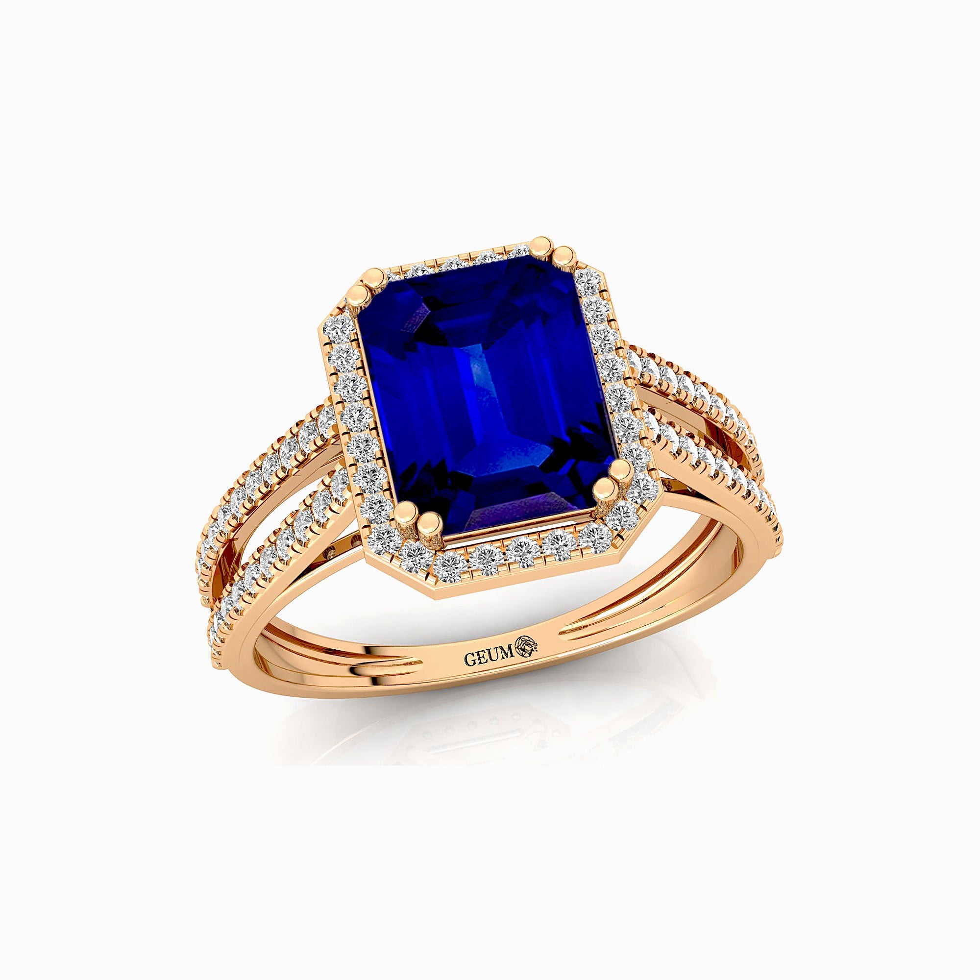 Halo Set Emerald Shaped Blue Sapphire Split Shank Ring with Accent Diamonds - GeumJewels
