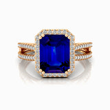 Halo Set Emerald Shaped Blue Sapphire Split Shank Ring with Accent Diamonds - GeumJewels