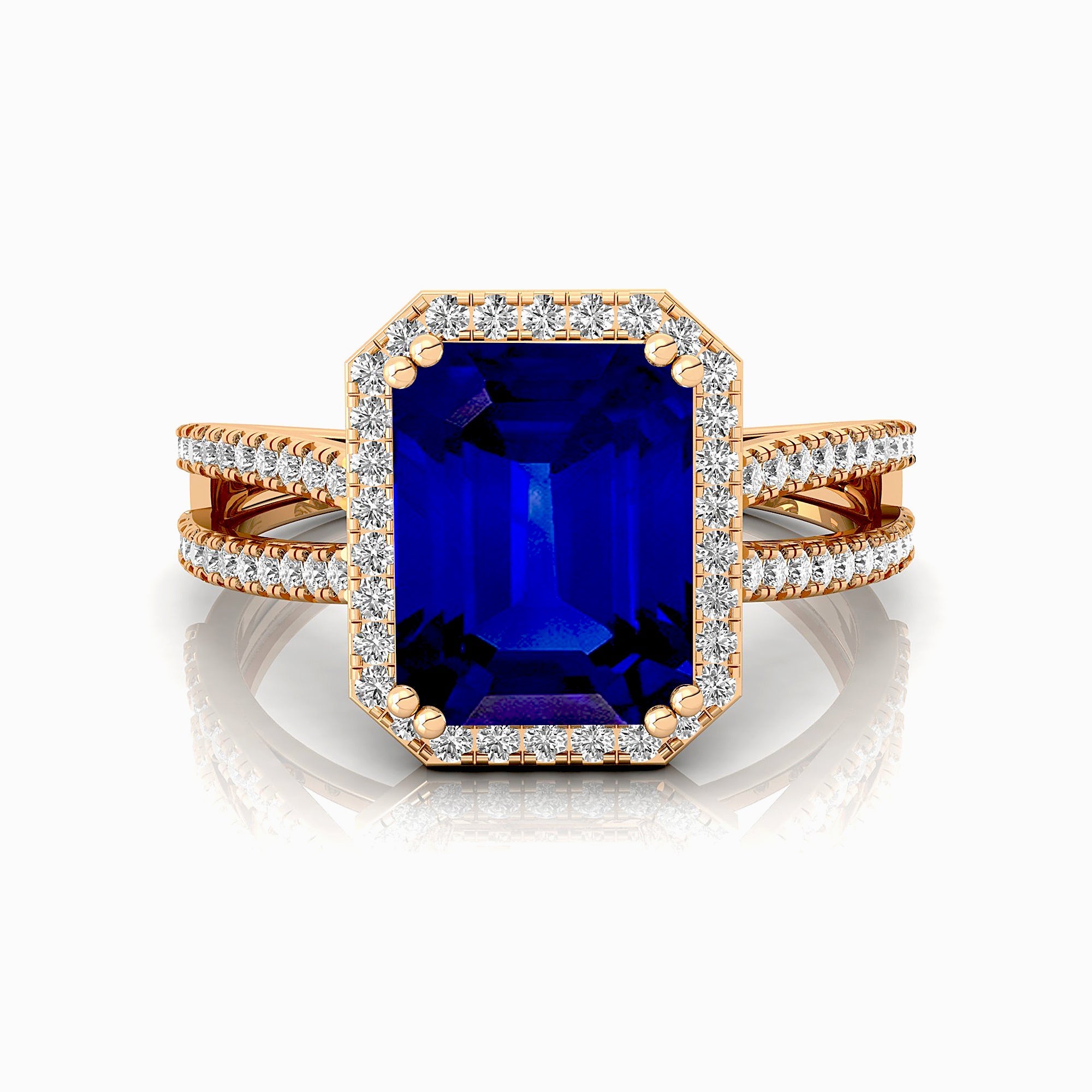Halo Set Emerald Shaped Blue Sapphire Split Shank Ring with Accent Diamonds - GeumJewels
