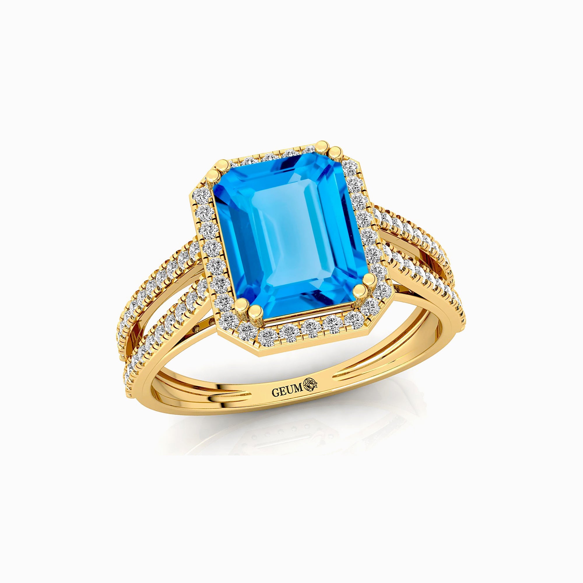 Halo Set Emerald Shaped Swiss Blue Topaz Split Shank Ring with Accent Diamonds - GeumJewels