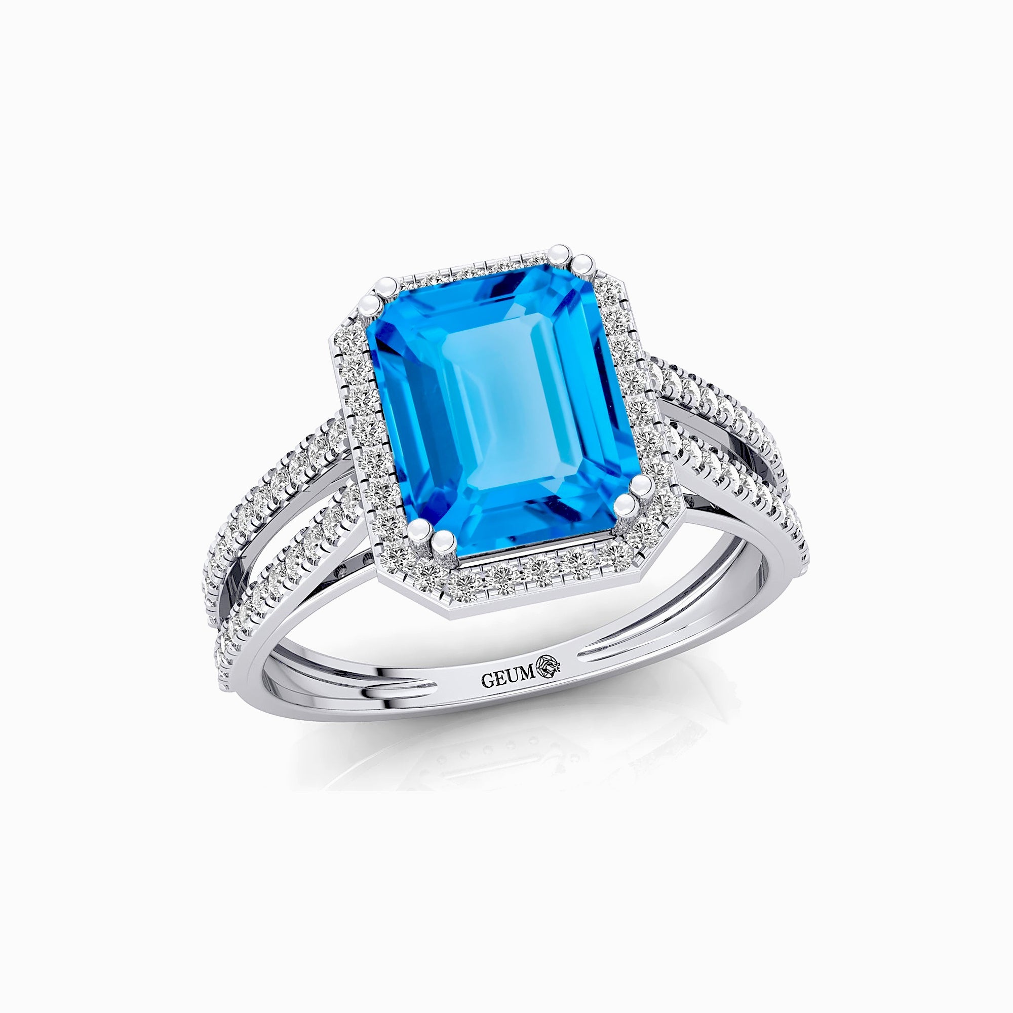 Halo Set Emerald Shaped Swiss Blue Topaz Split Shank Ring with Accent Diamonds - GeumJewels