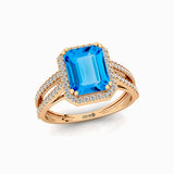Halo Set Emerald Shaped Swiss Blue Topaz Split Shank Ring with Accent Diamonds - GeumJewels