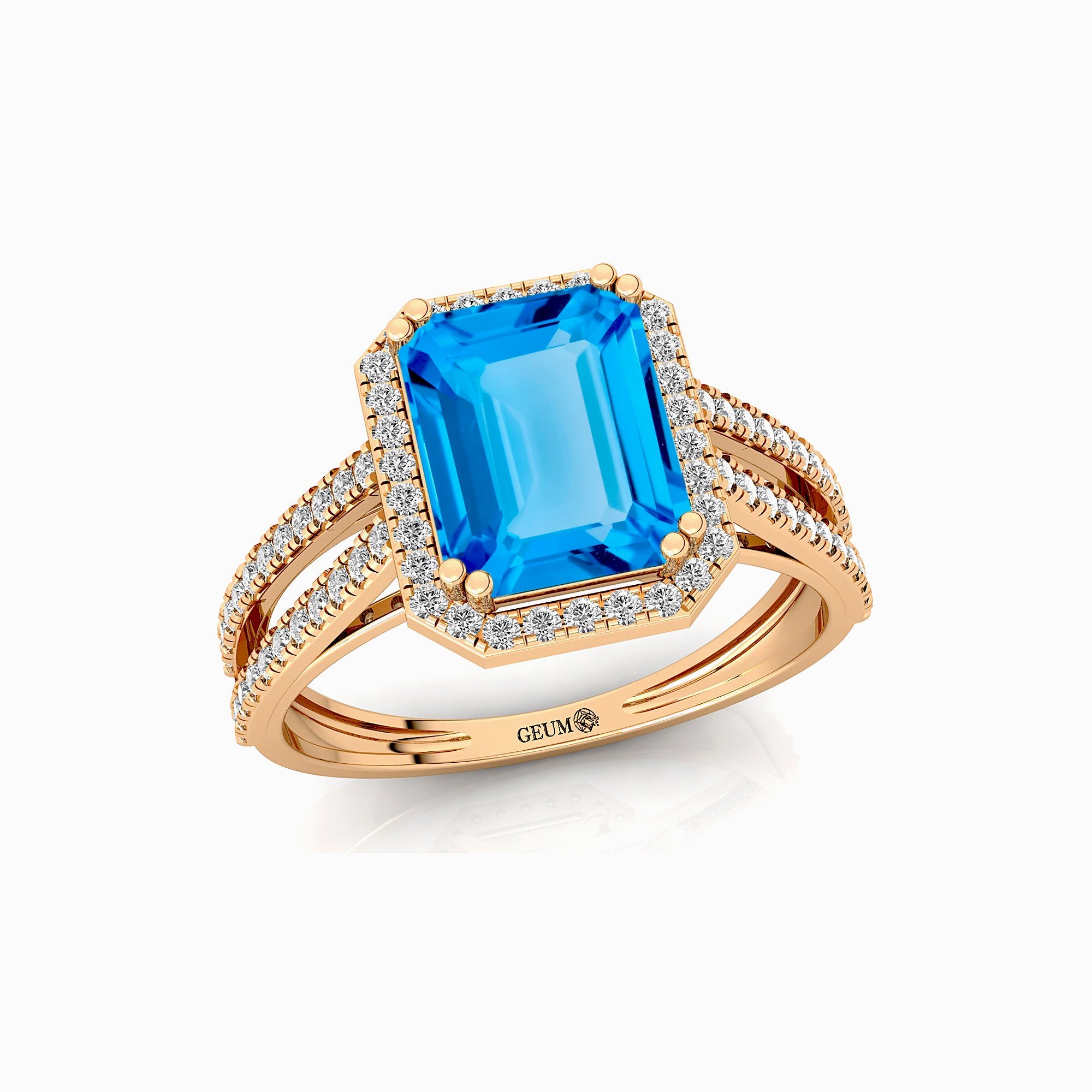 Halo Set Emerald Shaped Swiss Blue Topaz Split Shank Ring with Accent Diamonds - GeumJewels