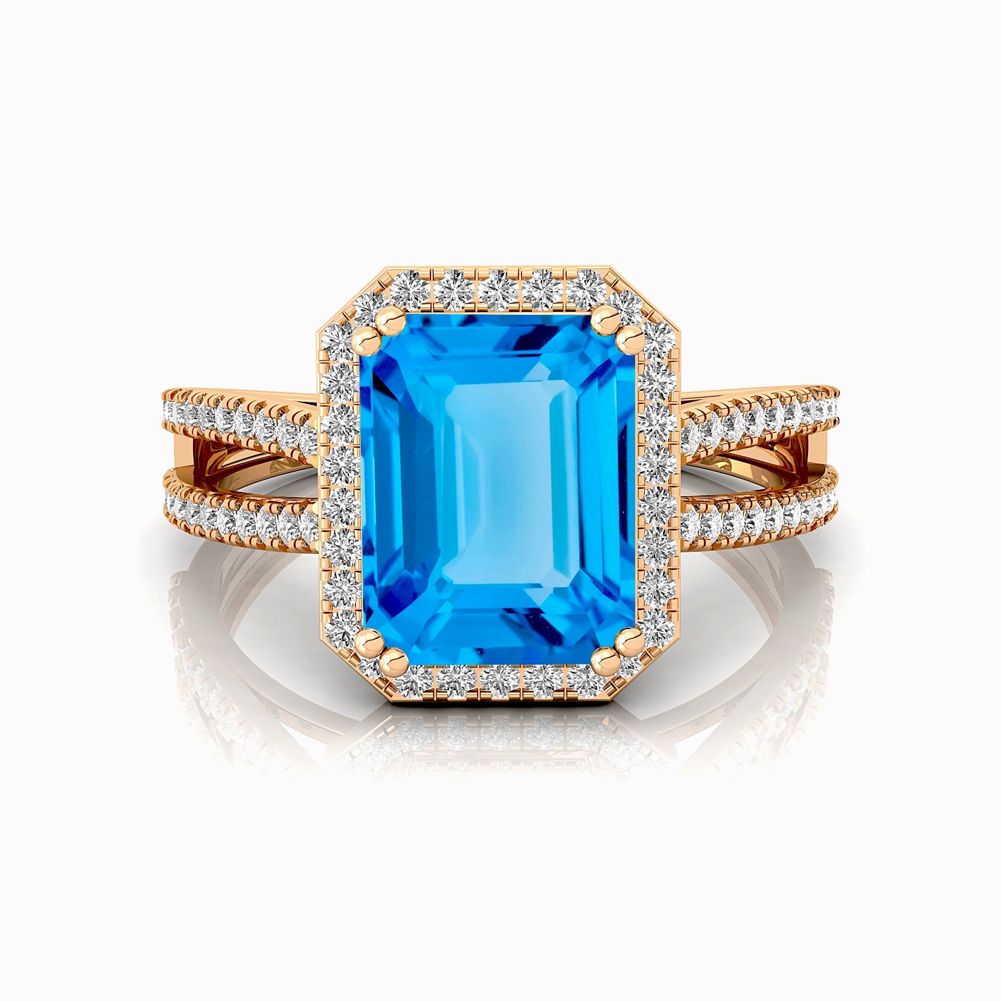 Halo Set Emerald Shaped Swiss Blue Topaz Split Shank Ring with Accent Diamonds - GeumJewels