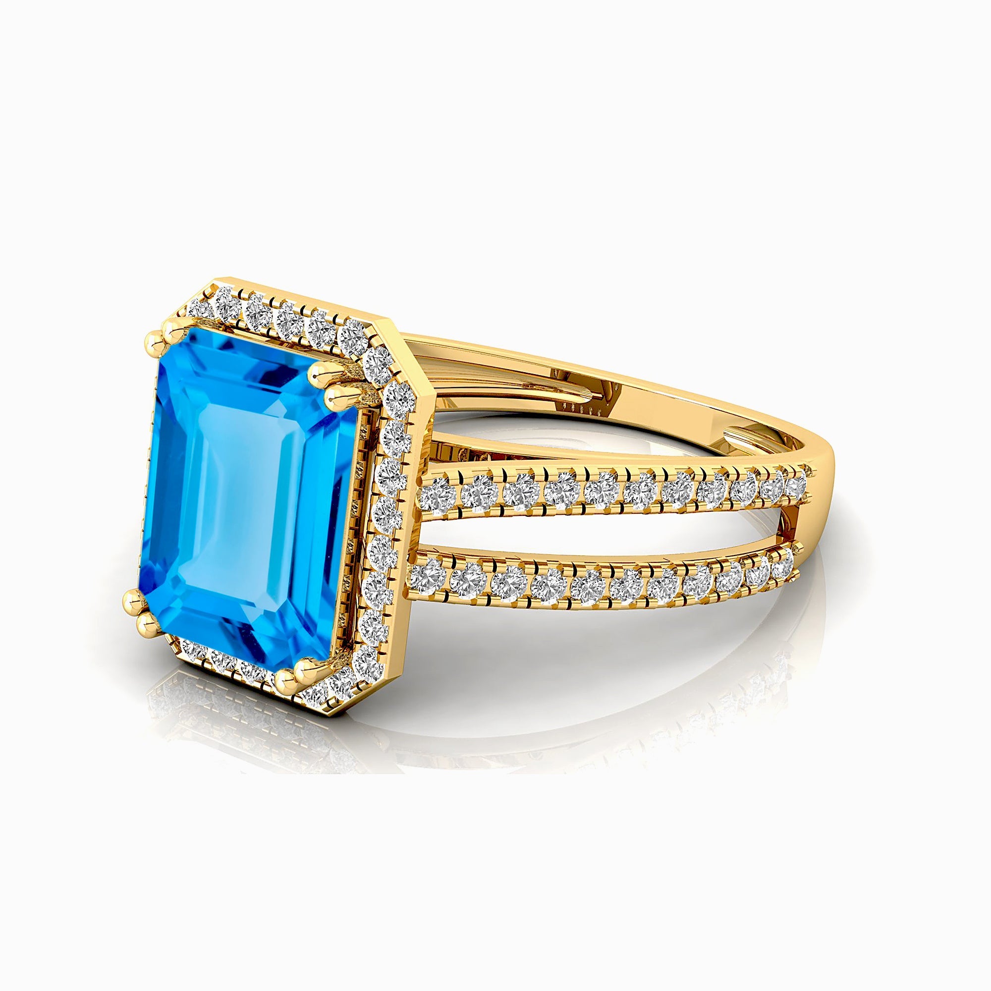 Halo Set Emerald Shaped Swiss Blue Topaz Split Shank Ring with Accent Diamonds - GeumJewels