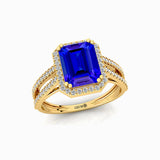 Halo Set Emerald Shaped Tanzanite Split Shank Ring with Accent Diamonds - GeumJewels