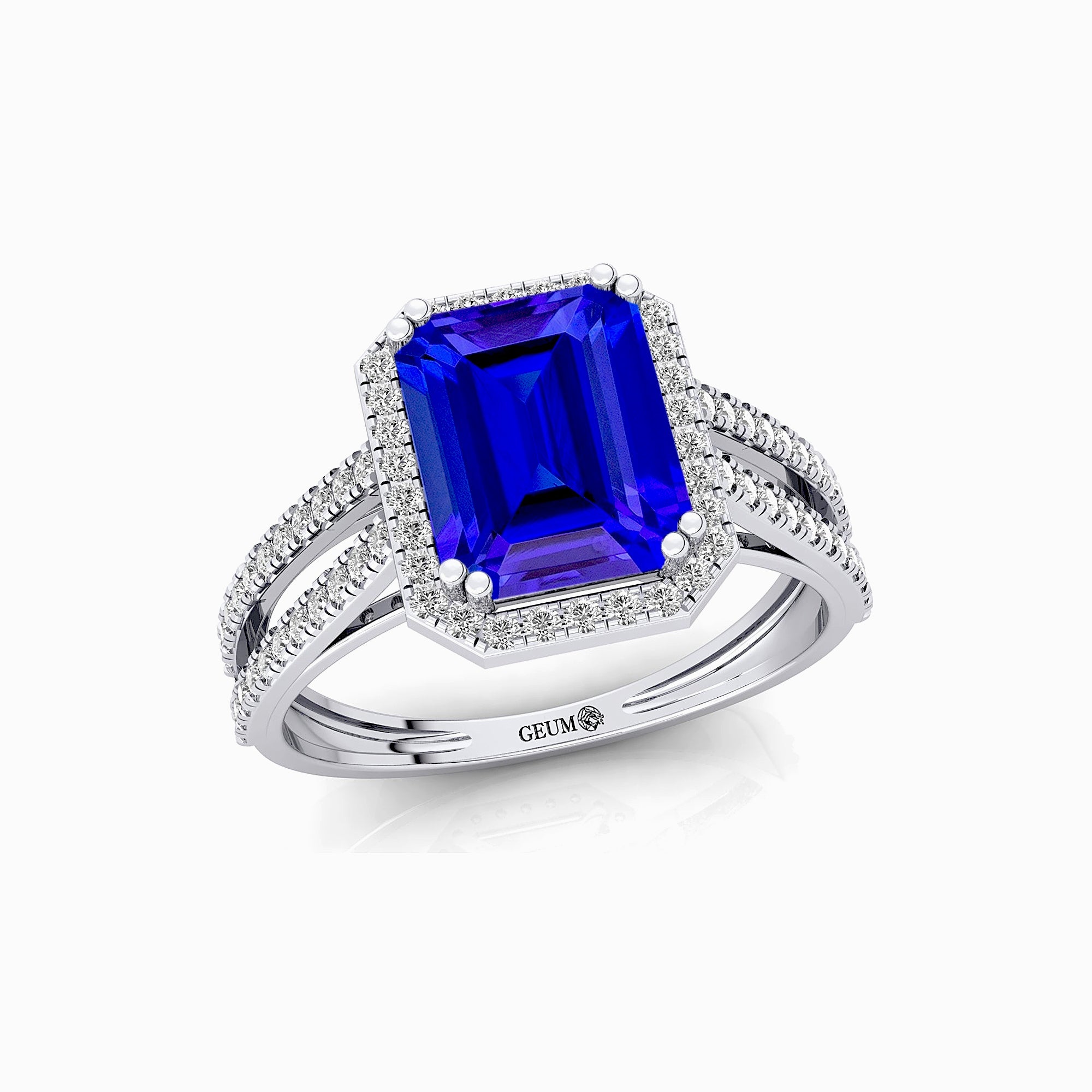 Halo Set Emerald Shaped Tanzanite Split Shank Ring with Accent Diamonds - GeumJewels