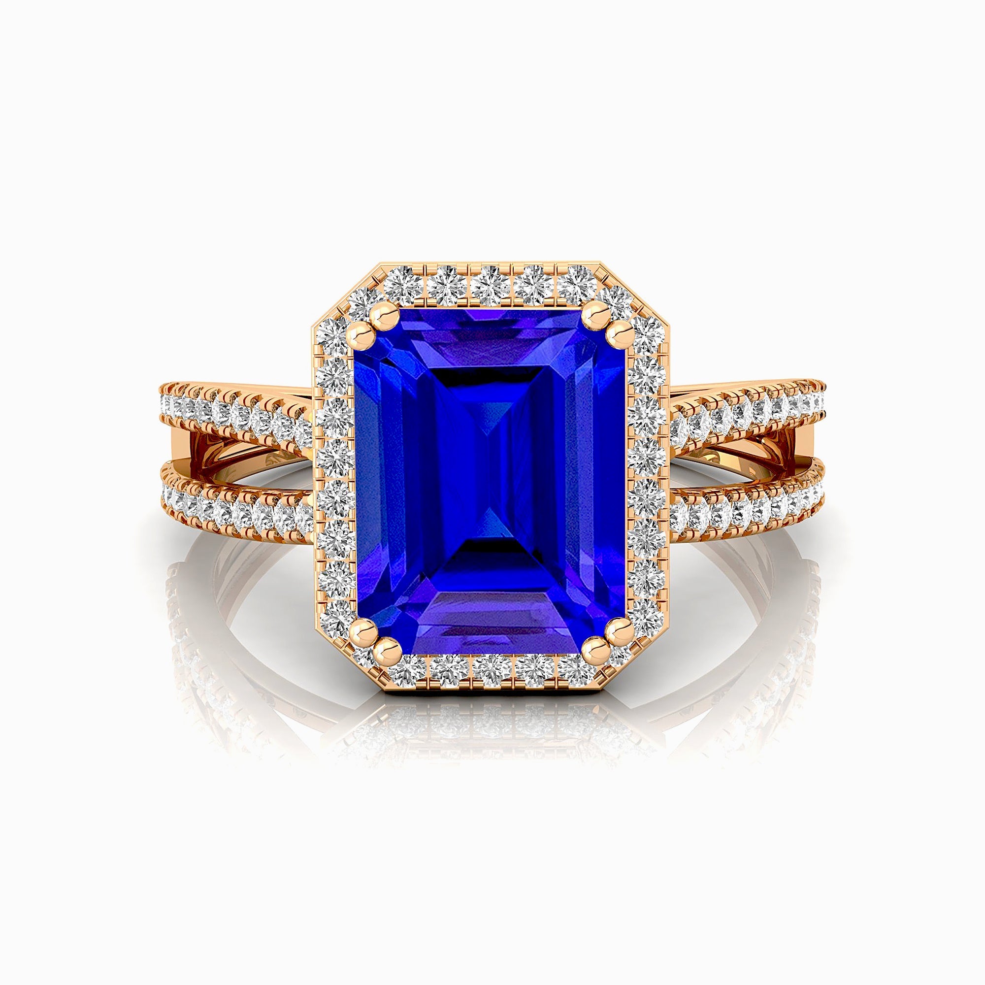 Halo Set Emerald Shaped Tanzanite Split Shank Ring with Accent Diamonds - GeumJewels