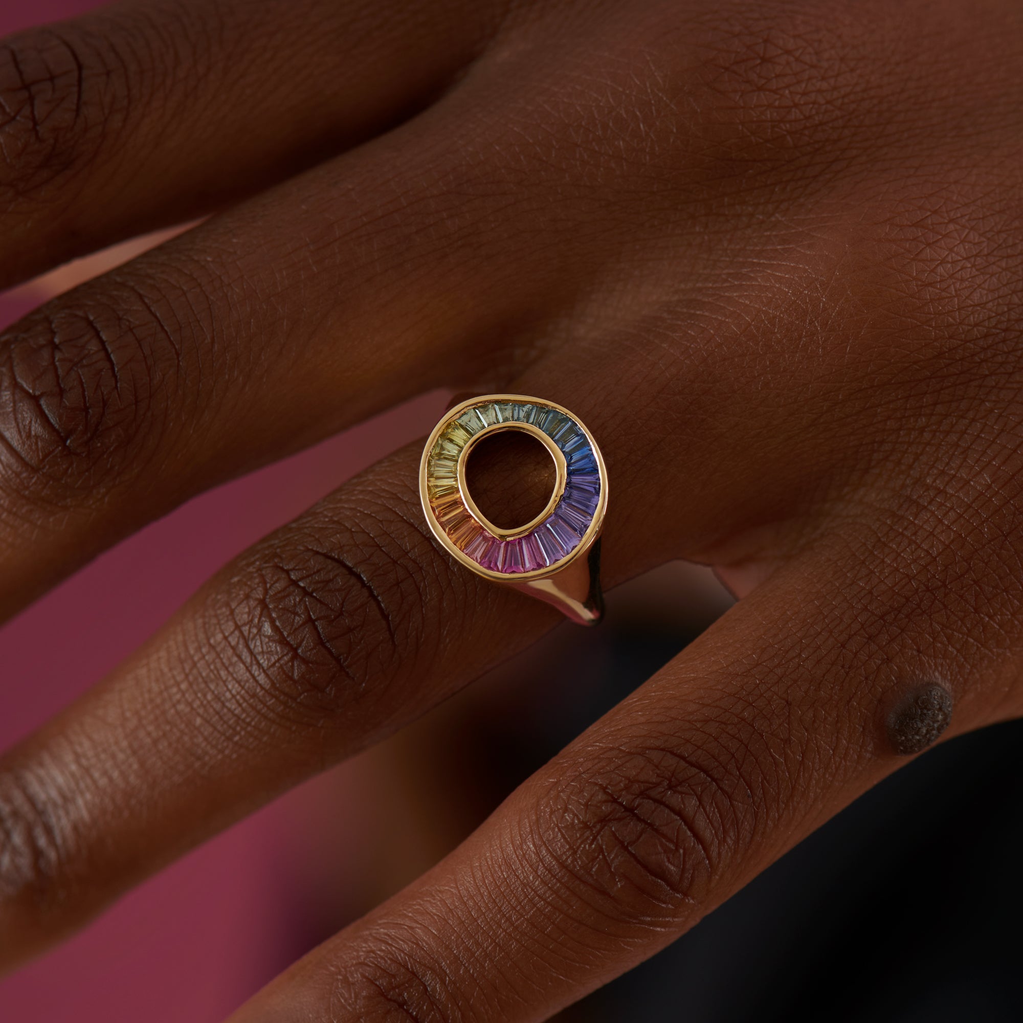Rainbow Multi Color Sapphire Baguette Sphere Ring - GeumJewels