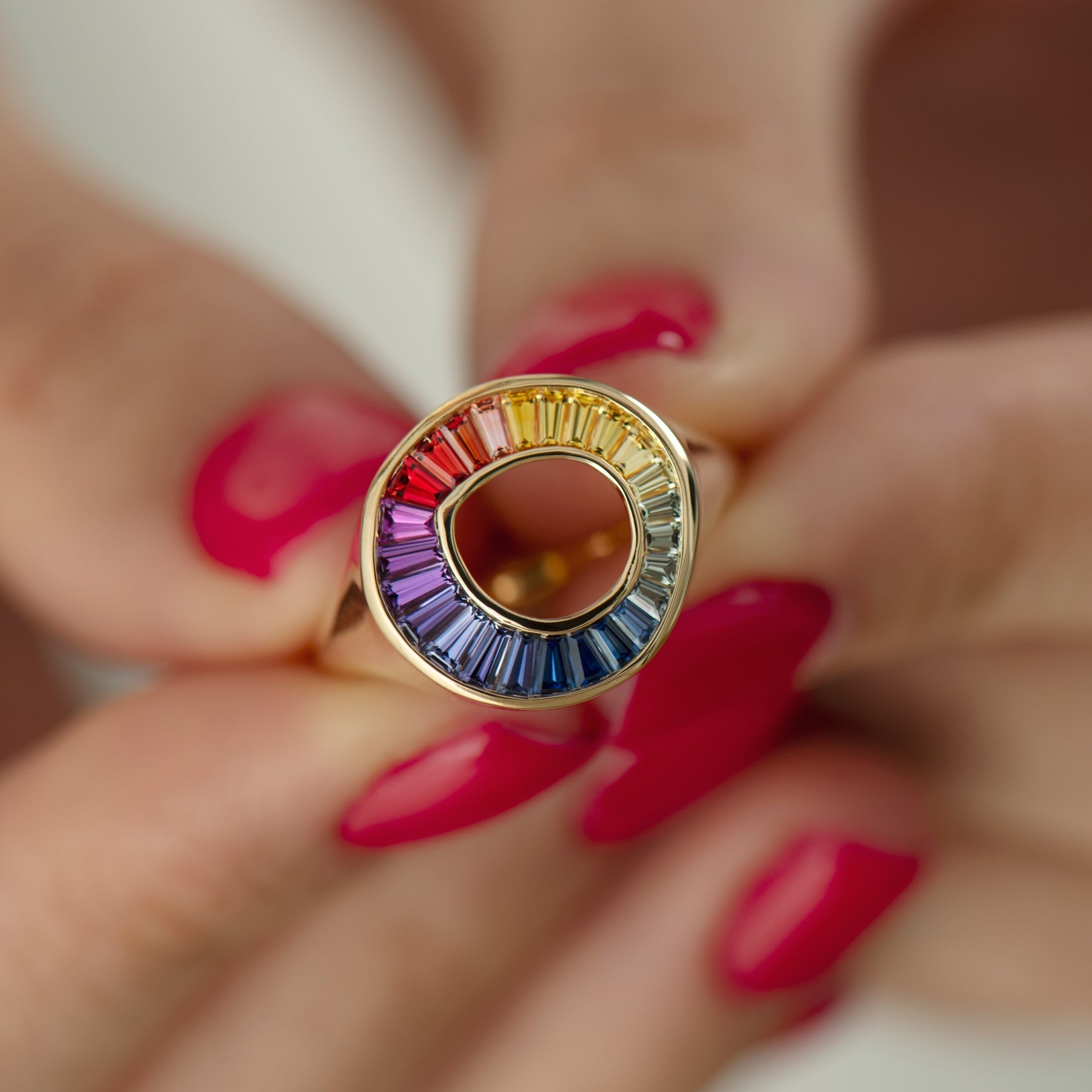 Rainbow Multi Color Sapphire Baguette Sphere Ring - GeumJewels