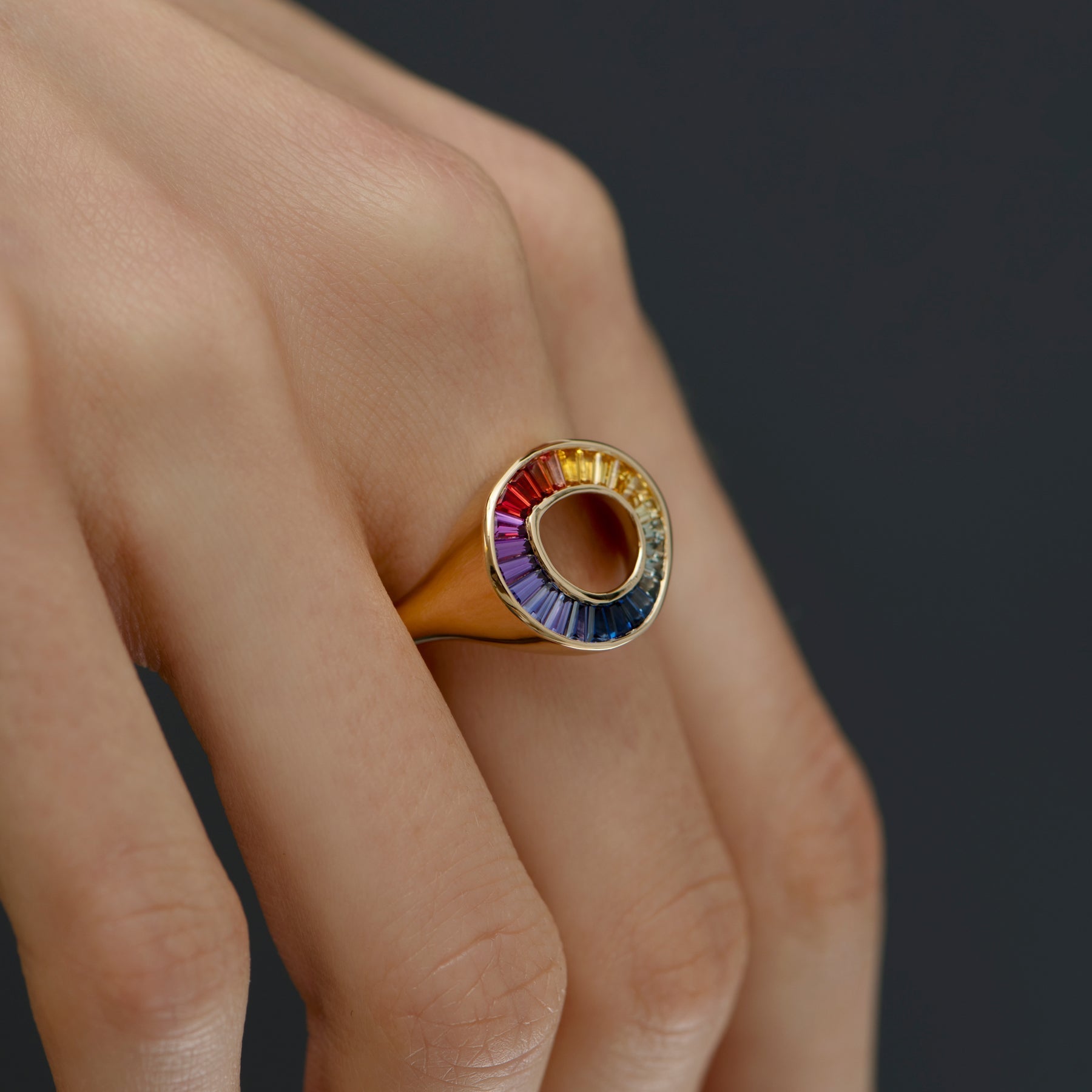 Rainbow Multi Color Sapphire Baguette Sphere Ring - GeumJewels