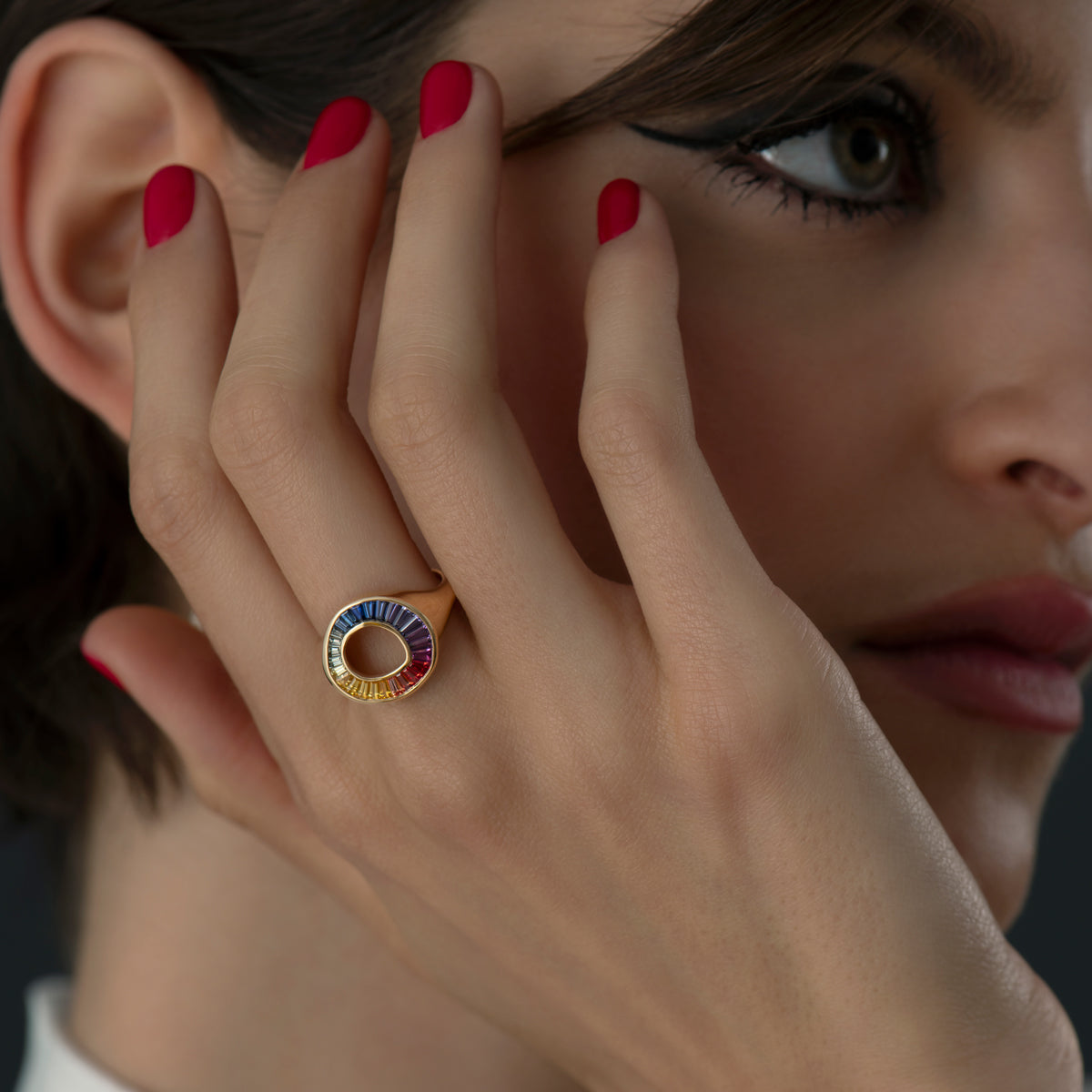 Rainbow Multi Color Sapphire Baguette Sphere Ring - GeumJewels