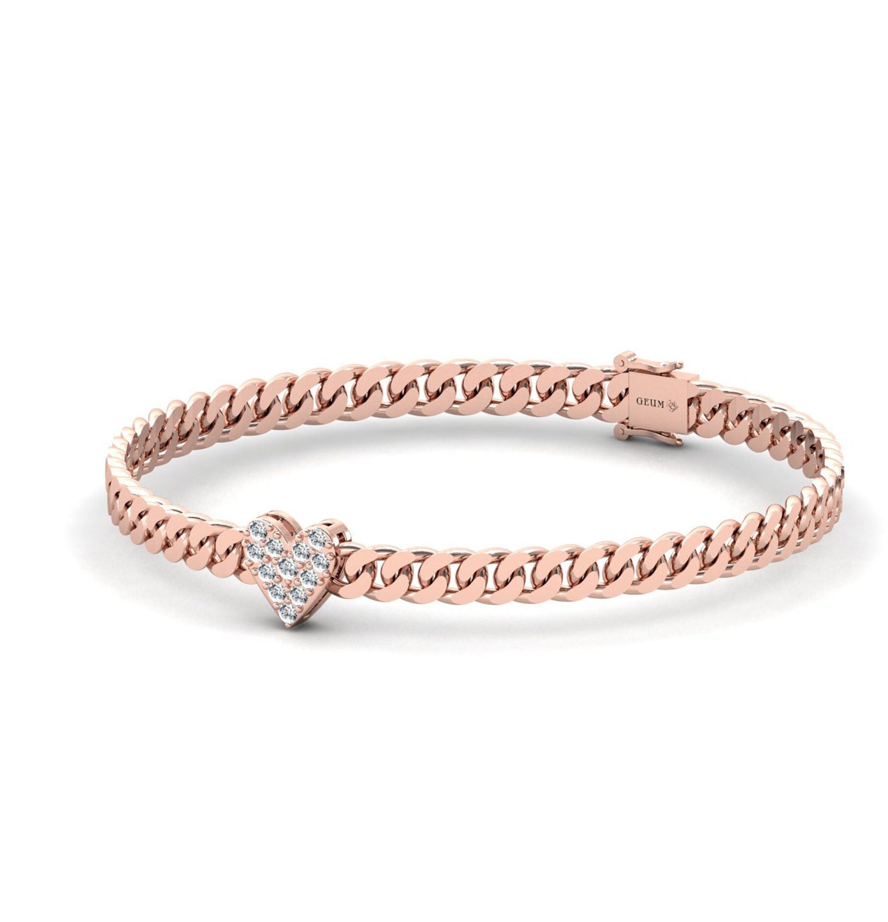 Diamond 14k Solid Gold Bracelet, Yellow/Rose Gold Long Bangle Bracelet, Heart Diamond Bangle - GeumJewels