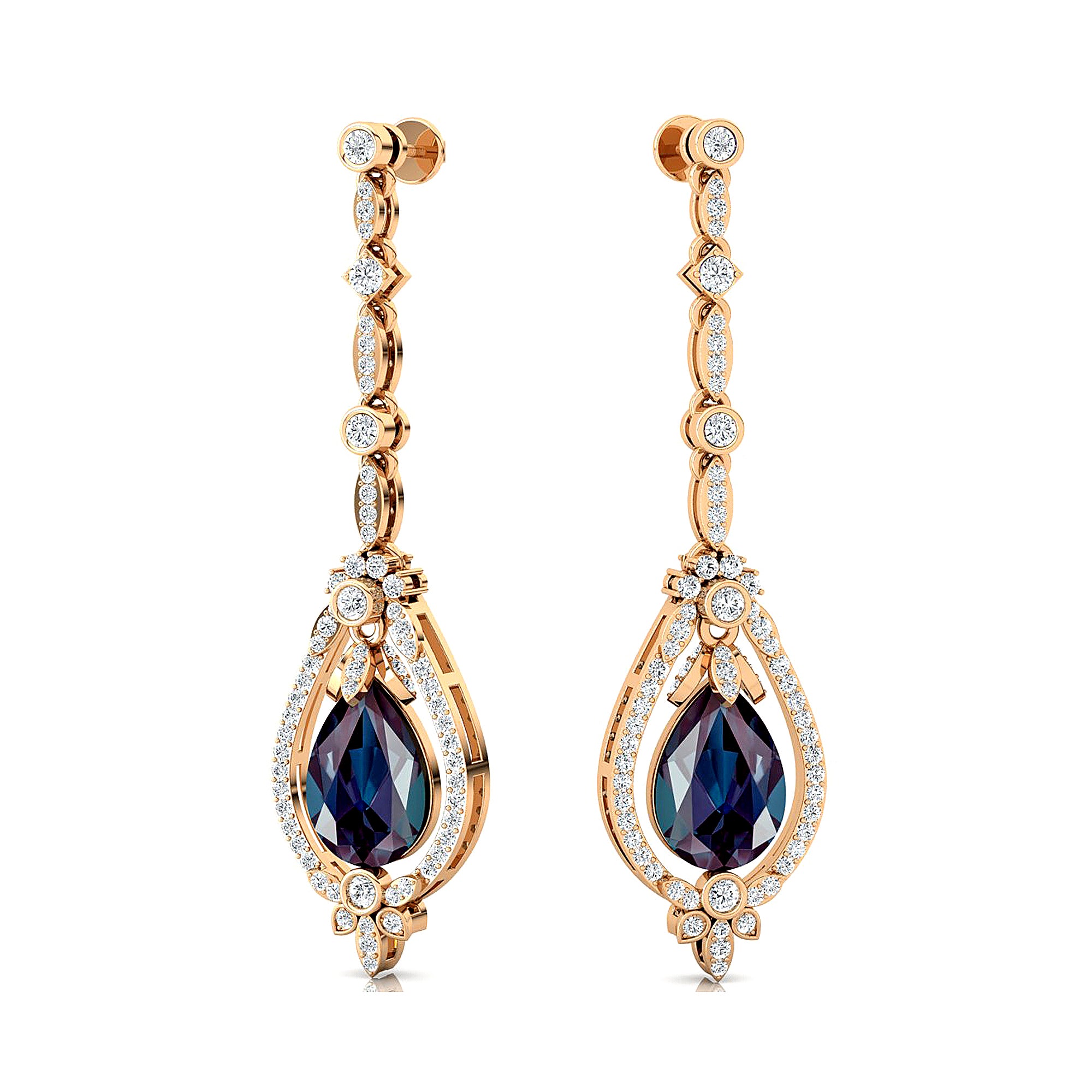 Art Deco Style Pear Shaped Alexandrite Diamond Drop Earrings - GeumJewels