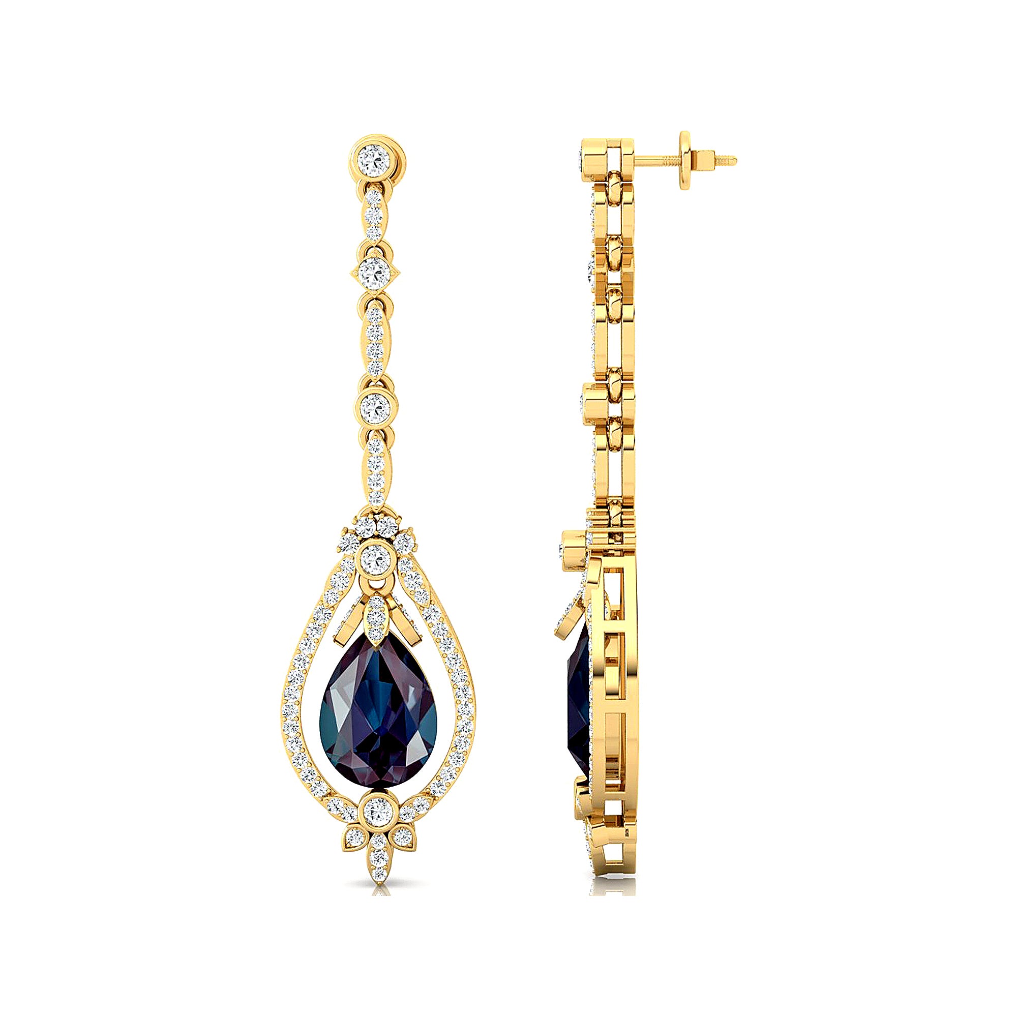 Art Deco Style Pear Shaped Alexandrite Diamond Drop Earrings - GeumJewels