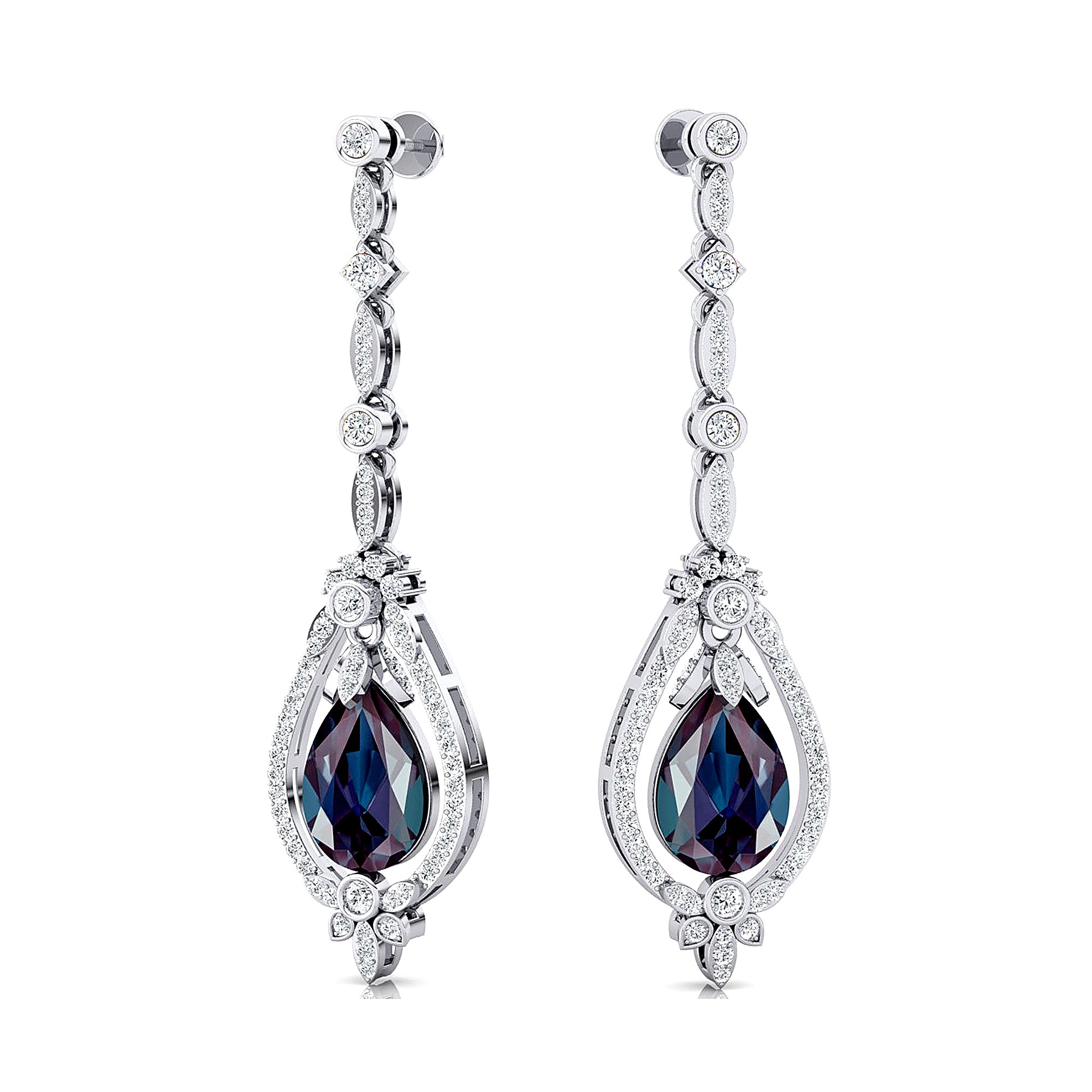Art Deco Style Pear Shaped Alexandrite Diamond Drop Earrings - GeumJewels
