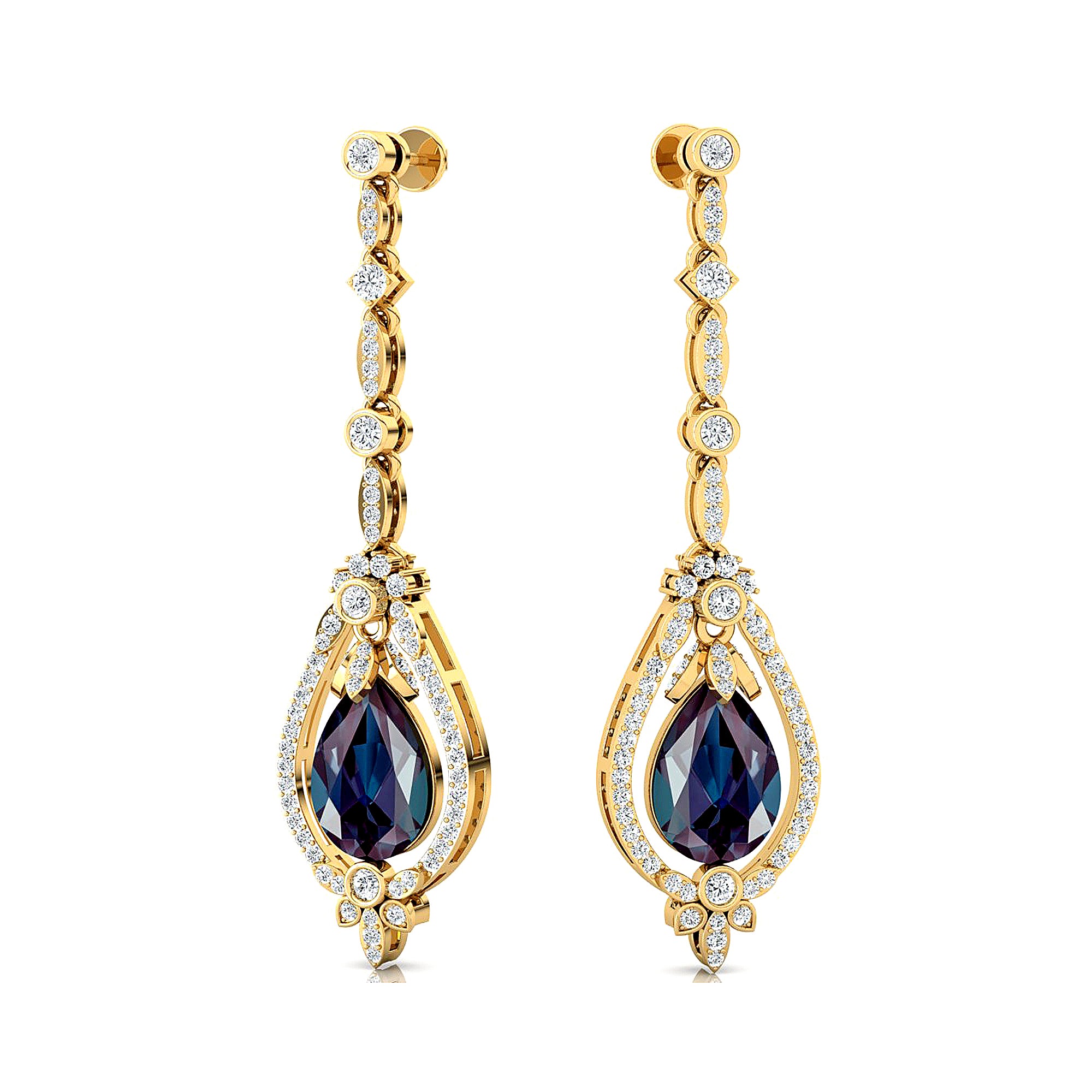 Art Deco Style Pear Shaped Alexandrite Diamond Drop Earrings - GeumJewels