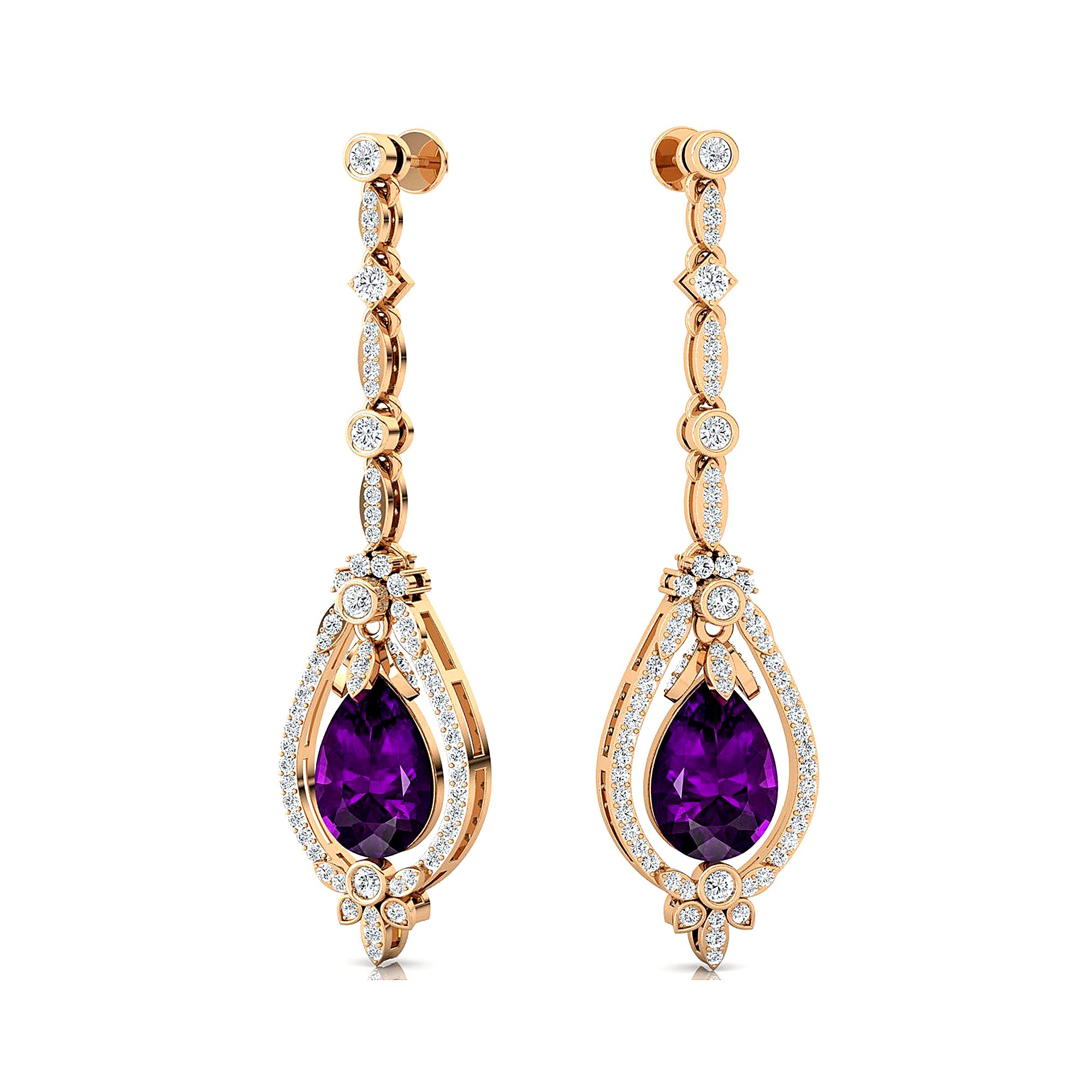 Art Deco Style Pear Shaped Amethyst Diamond Drop Earrings - GeumJewels