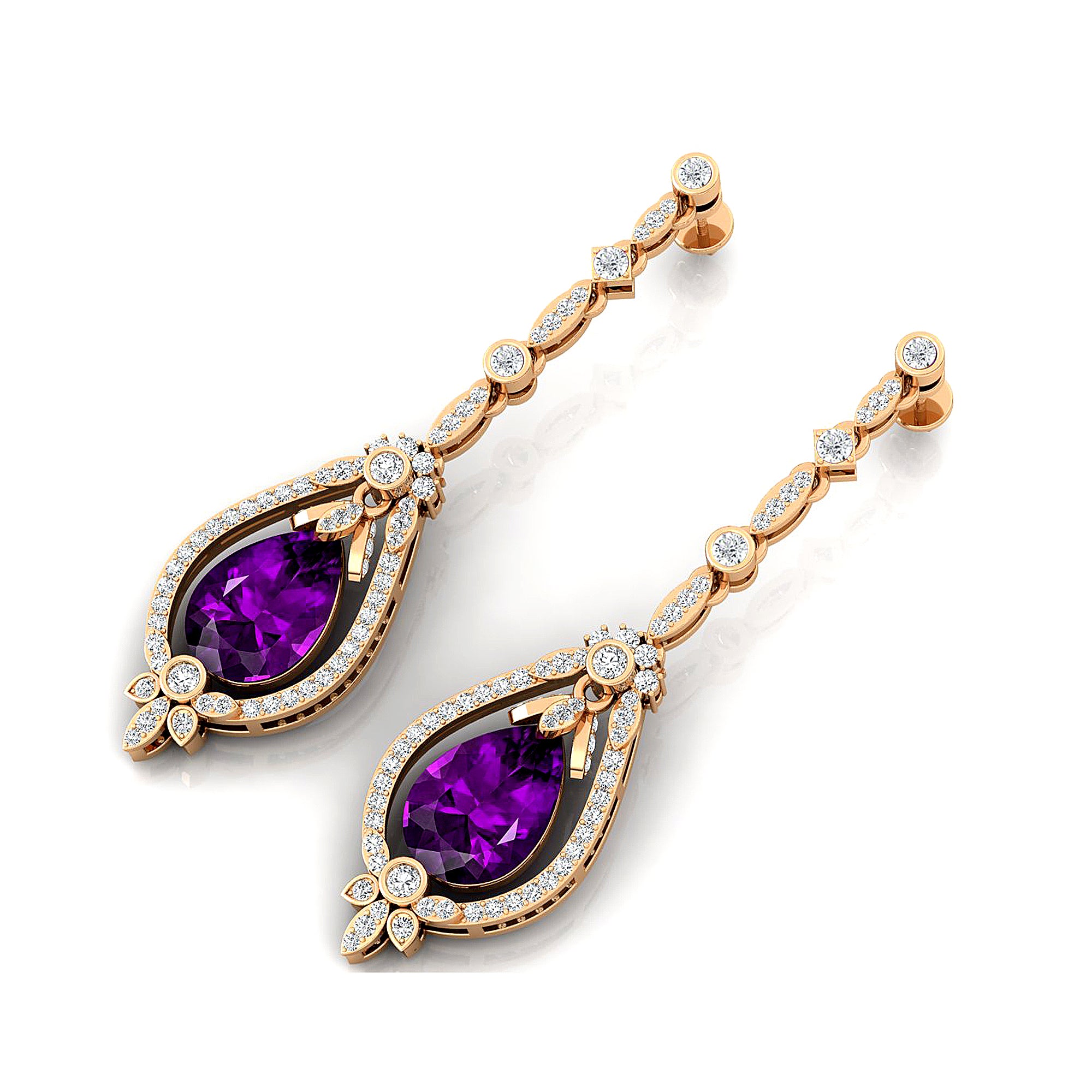 Art Deco Style Pear Shaped Amethyst Diamond Drop Earrings - GeumJewels
