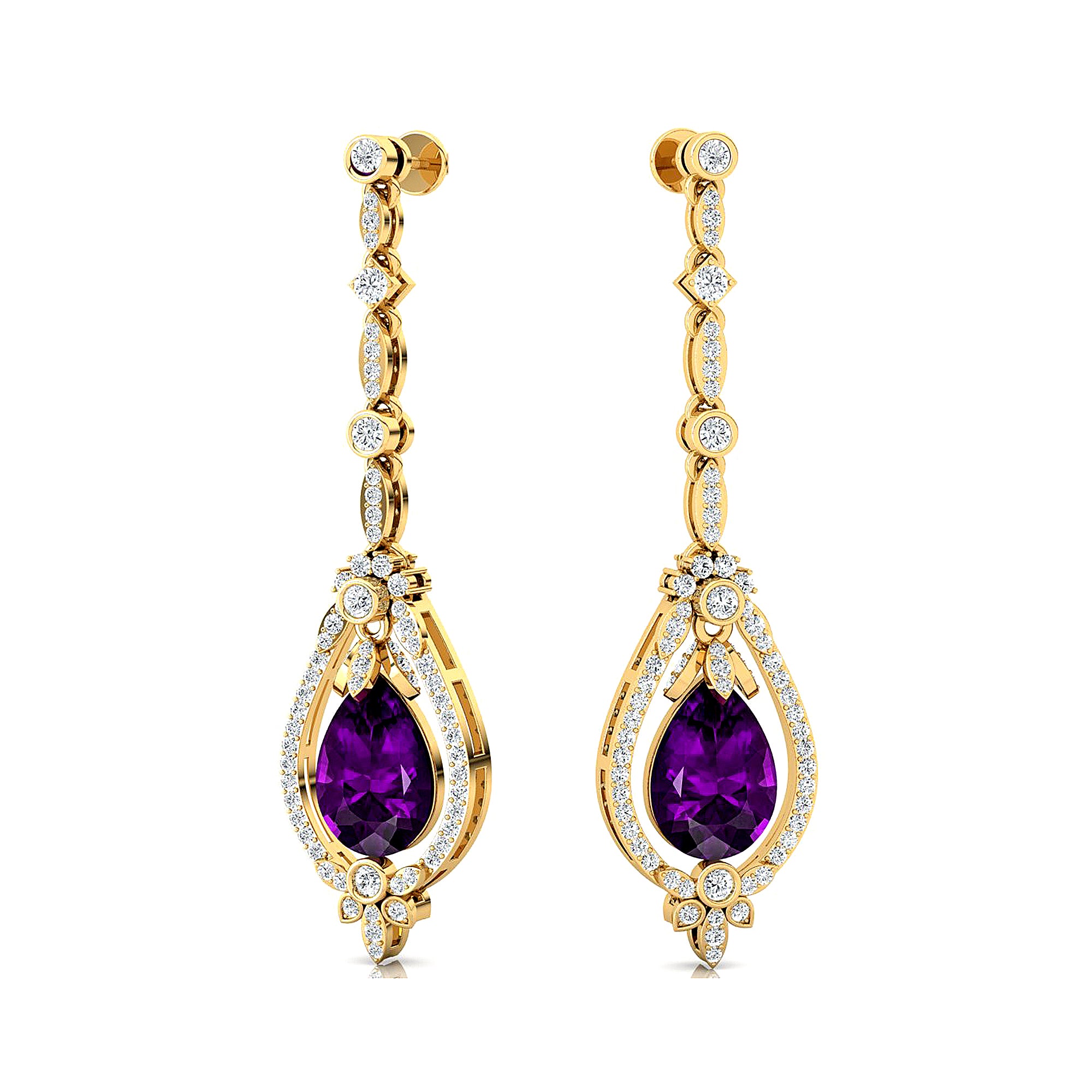 Art Deco Style Pear Shaped Amethyst Diamond Drop Earrings - GeumJewels