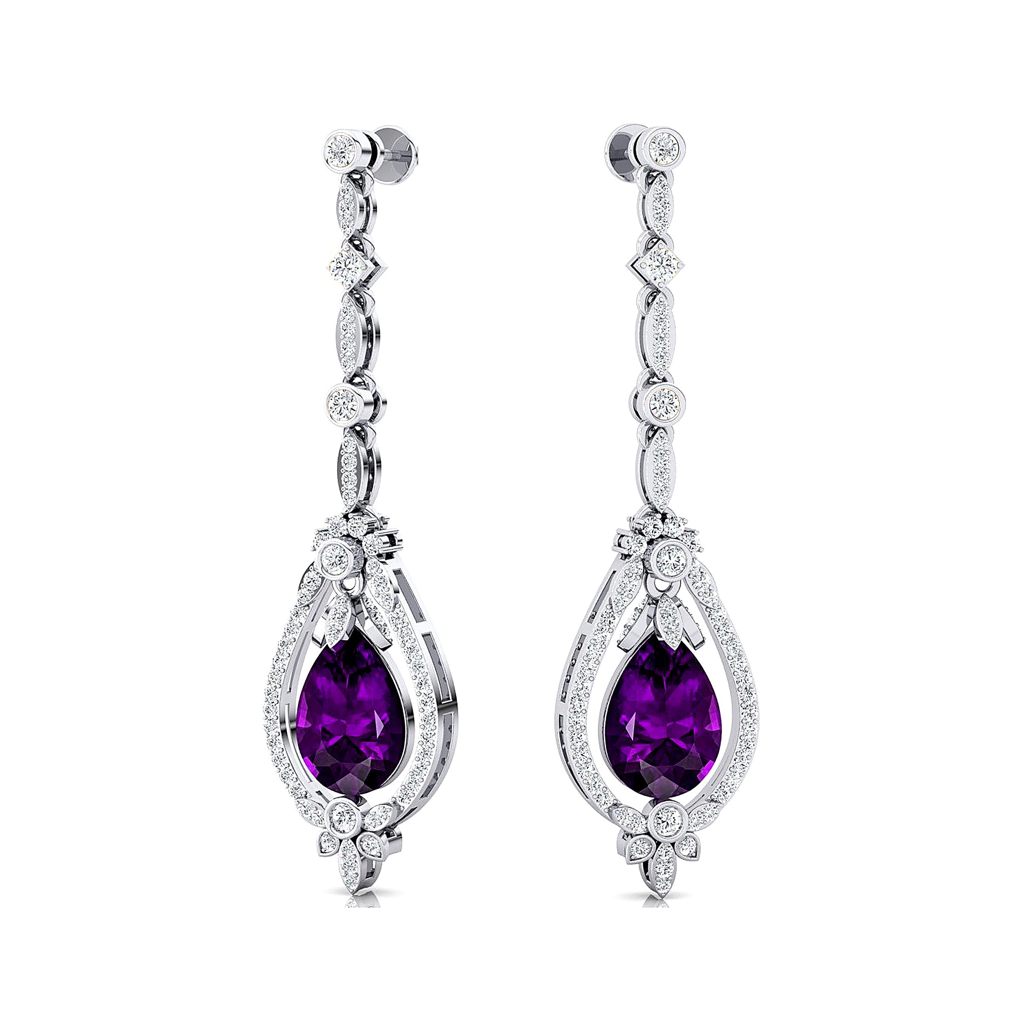 Art Deco Style Pear Shaped Amethyst Diamond Drop Earrings - GeumJewels