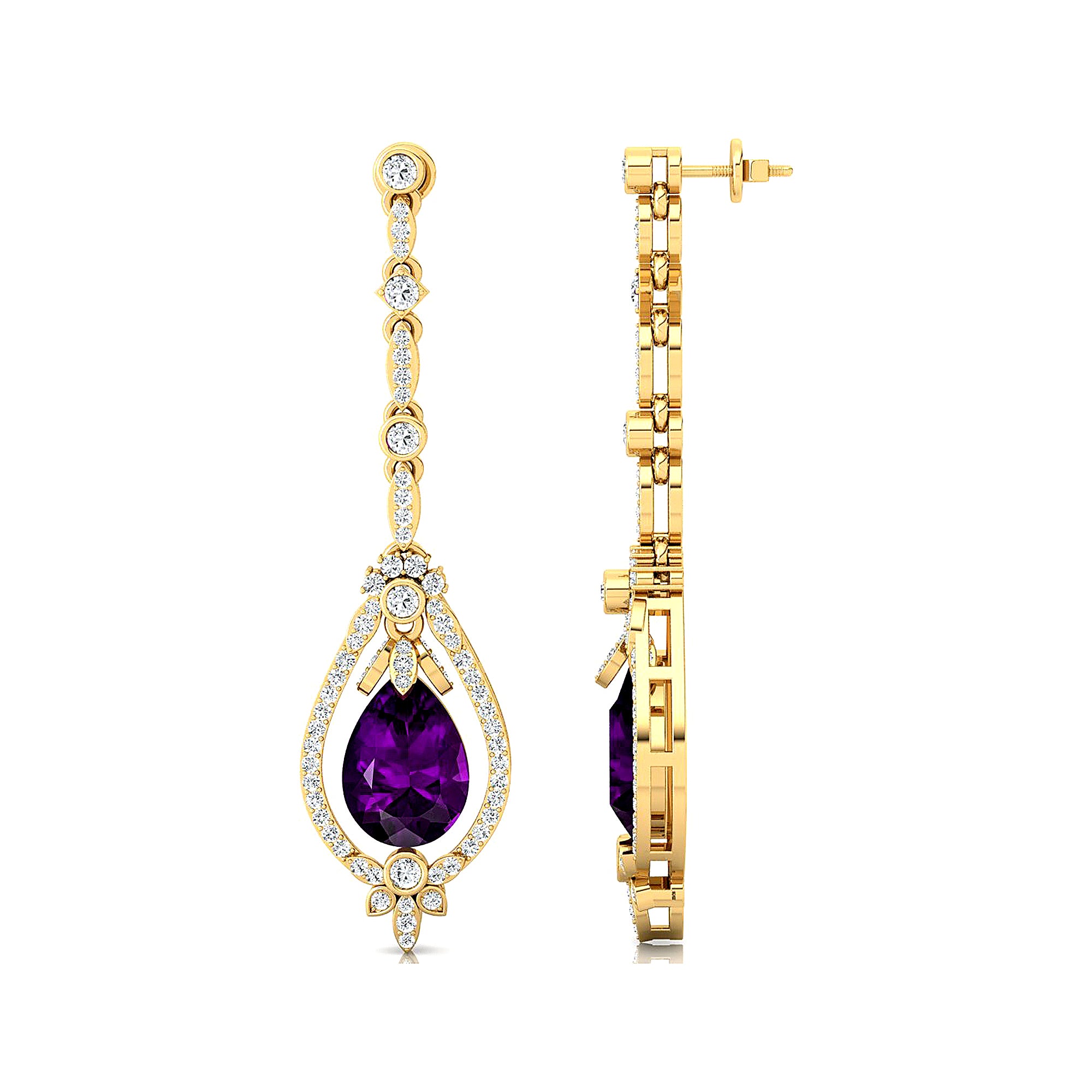Art Deco Style Pear Shaped Amethyst Diamond Drop Earrings - GeumJewels