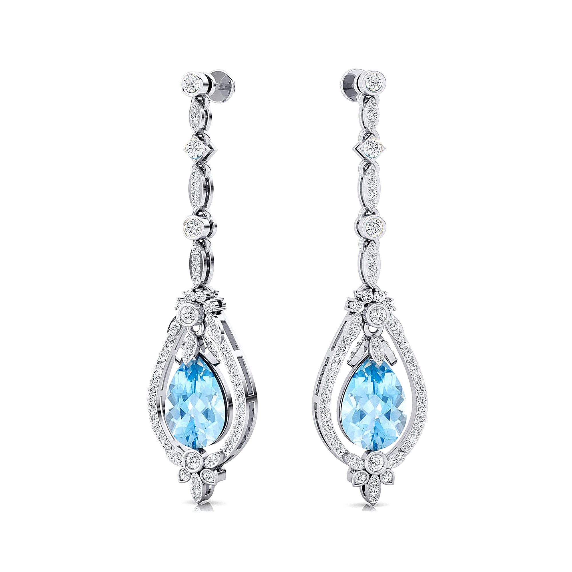 Art Deco Style Pear Shaped Aquamarine Diamond Drop Earrings - GeumJewels