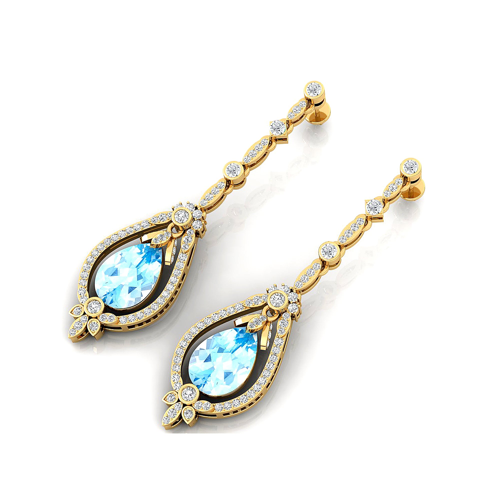 Art Deco Style Pear Shaped Aquamarine Diamond Drop Earrings - GeumJewels