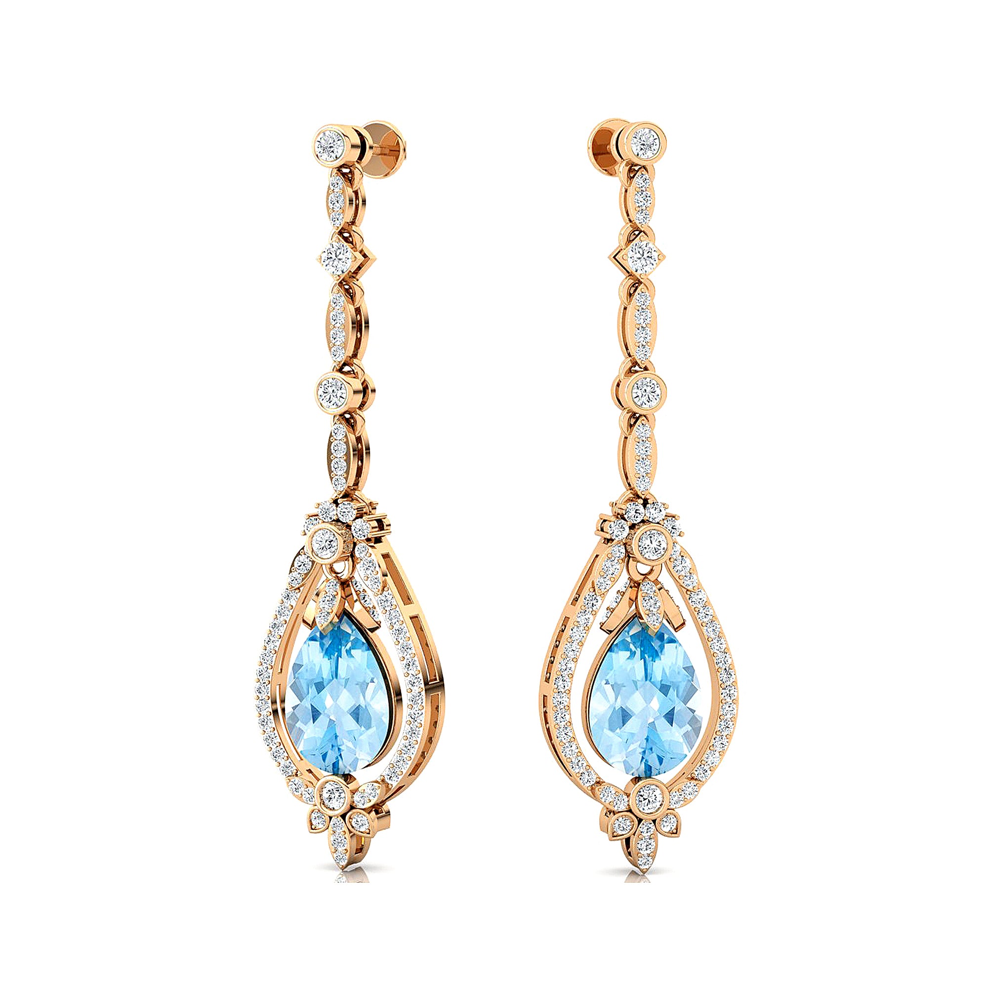 Art Deco Style Pear Shaped Aquamarine Diamond Drop Earrings - GeumJewels