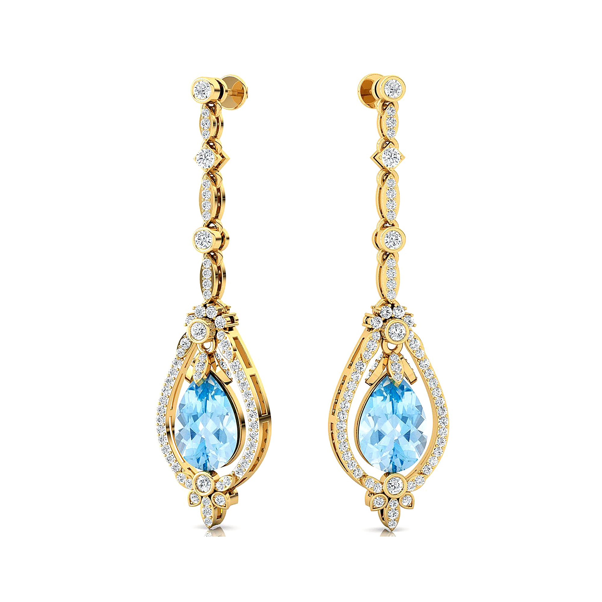 Art Deco Style Pear Shaped Aquamarine Diamond Drop Earrings - GeumJewels