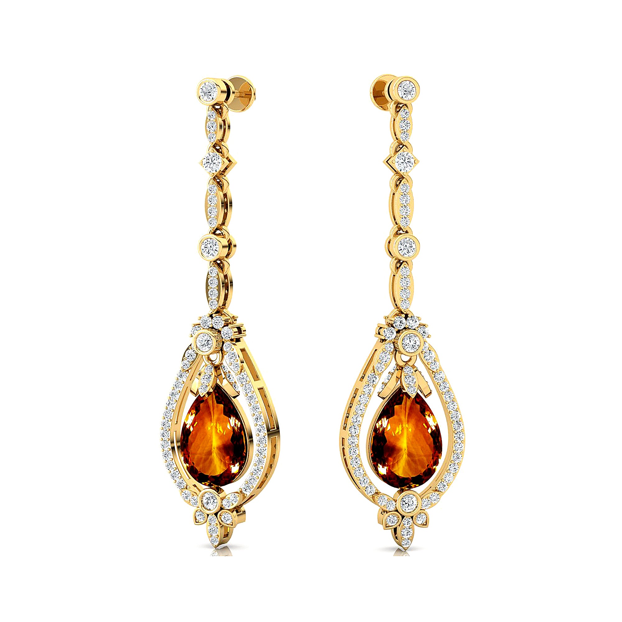 Art Deco Style Pear Shaped Citrine Diamond Drop Earrings - GeumJewels