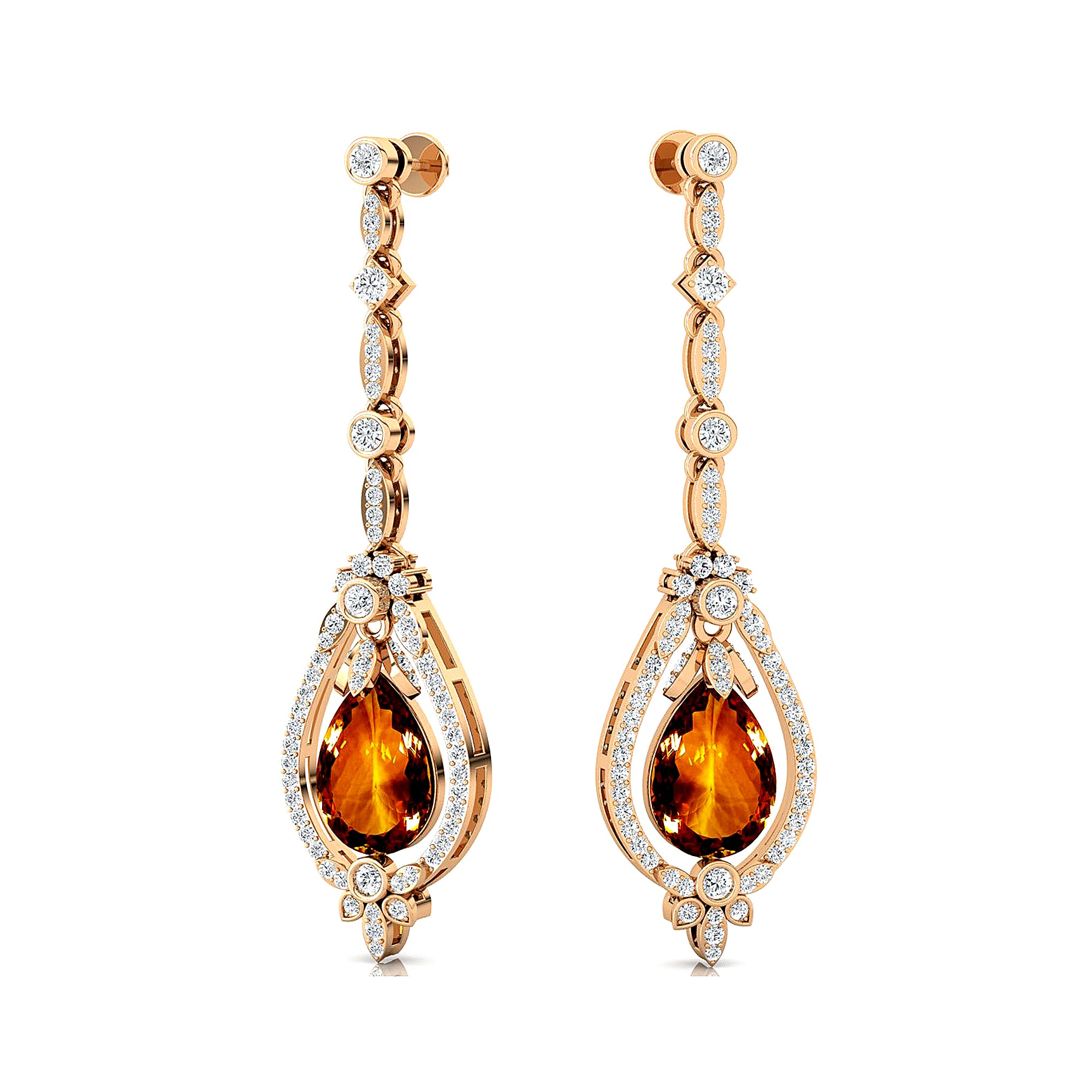 Art Deco Style Pear Shaped Citrine Diamond Drop Earrings - GeumJewels