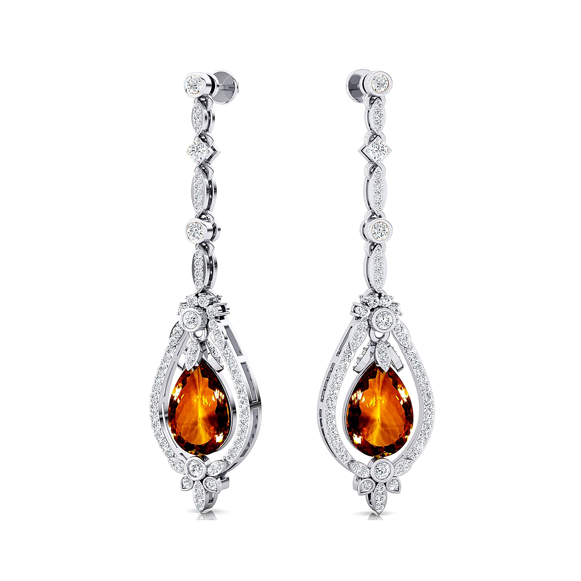 Art Deco Style Pear Shaped Citrine Diamond Drop Earrings - GeumJewels