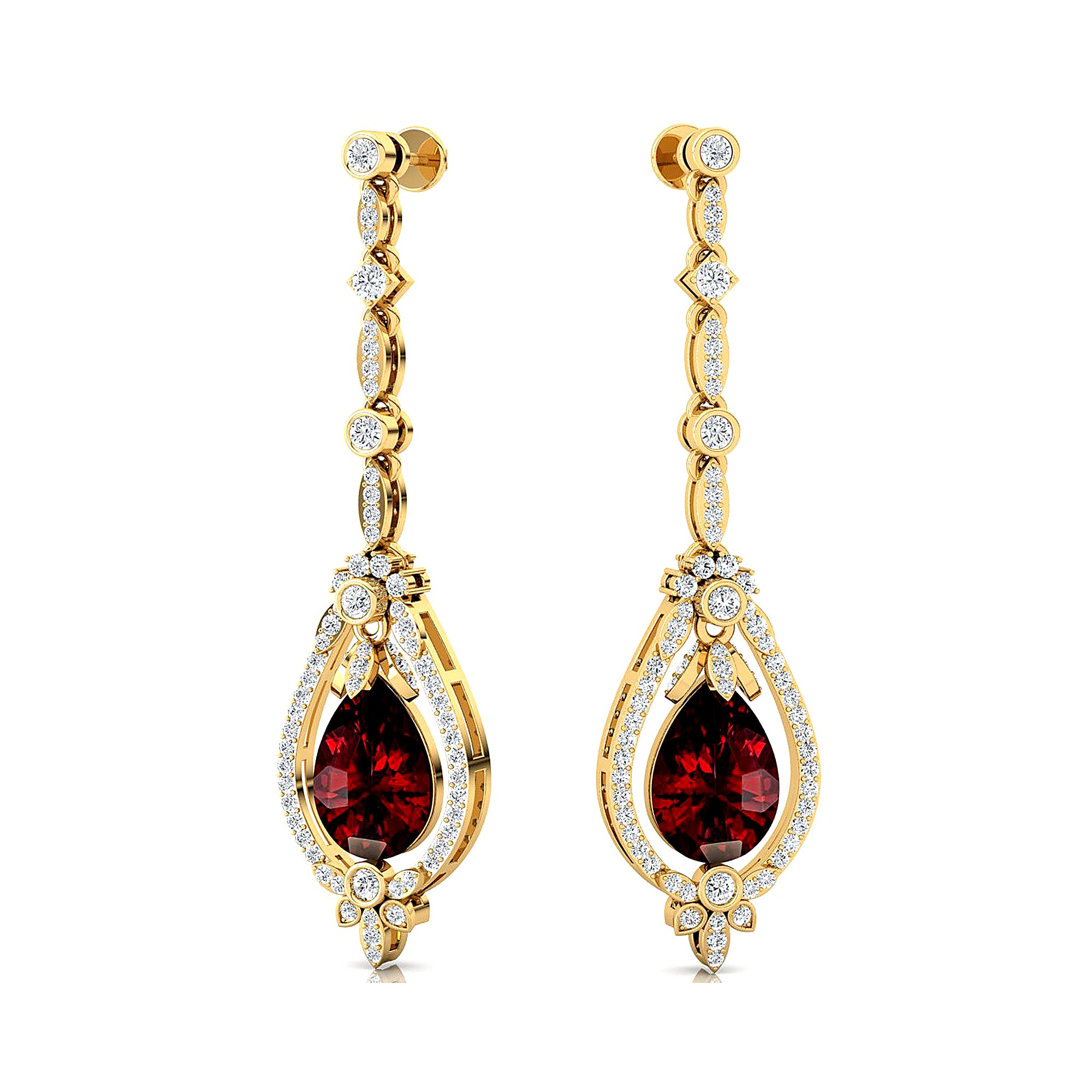 Art Deco Style Pear Shaped Garnet Diamond Drop Earrings - GeumJewels