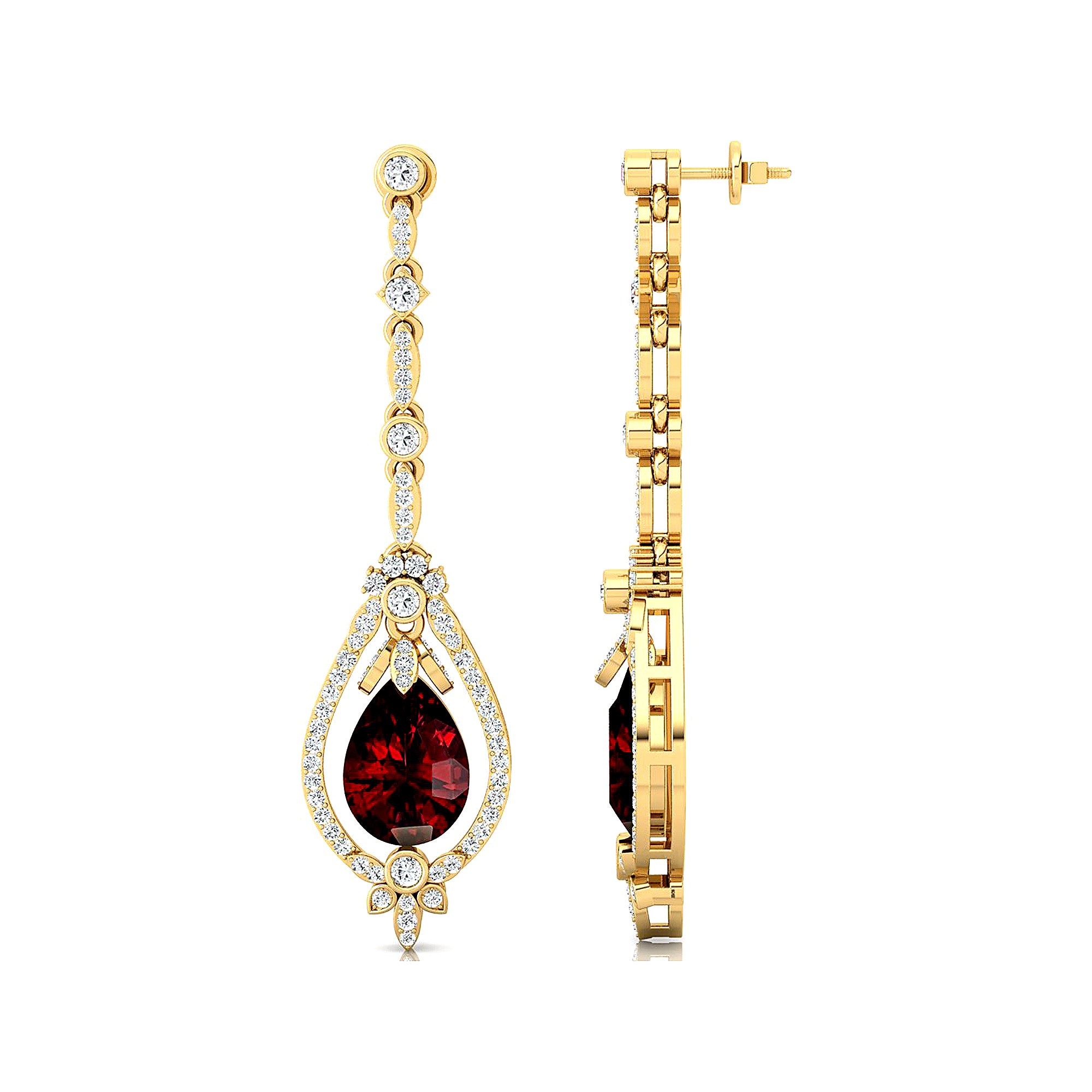 Art Deco Style Pear Shaped Garnet Diamond Drop Earrings - GeumJewels