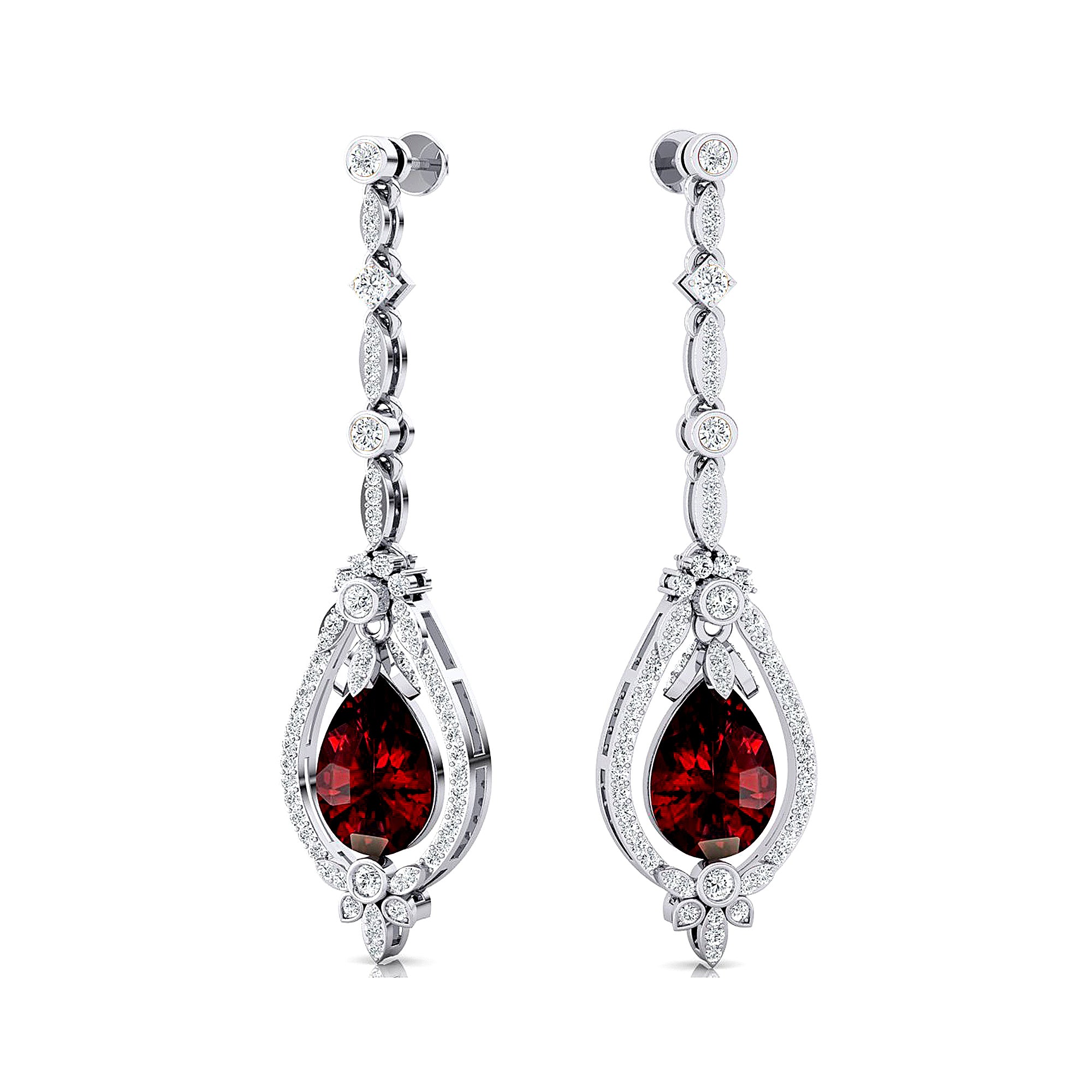 Art Deco Style Pear Shaped Garnet Diamond Drop Earrings - GeumJewels